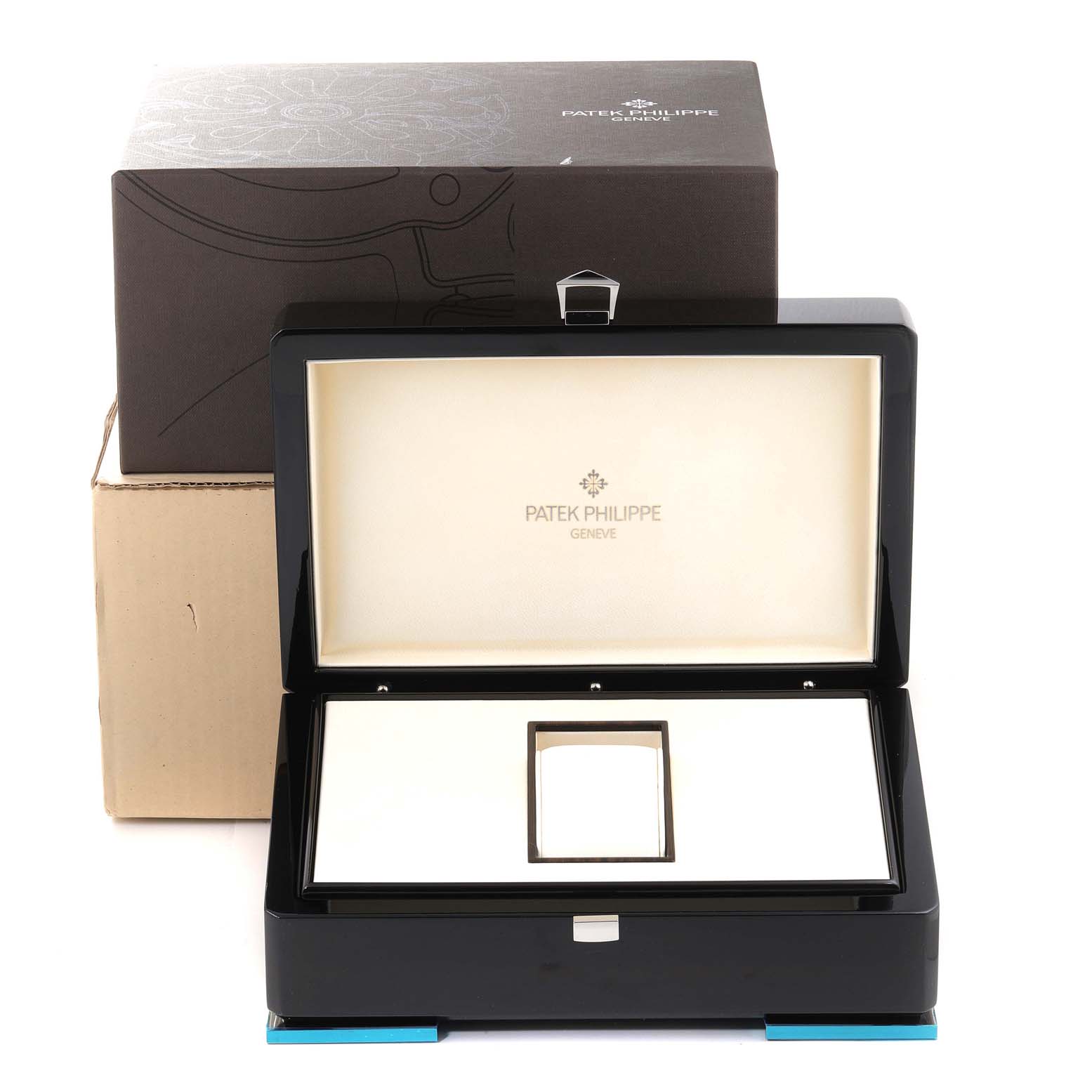 This image shows the original packaging and presentation box for the Patek Philippe 5146G Men's White Gold Grey Dial 5146G Men's White Gold Grey Dial Complicated Annual Calendar White Gold Mens Watch 5146.