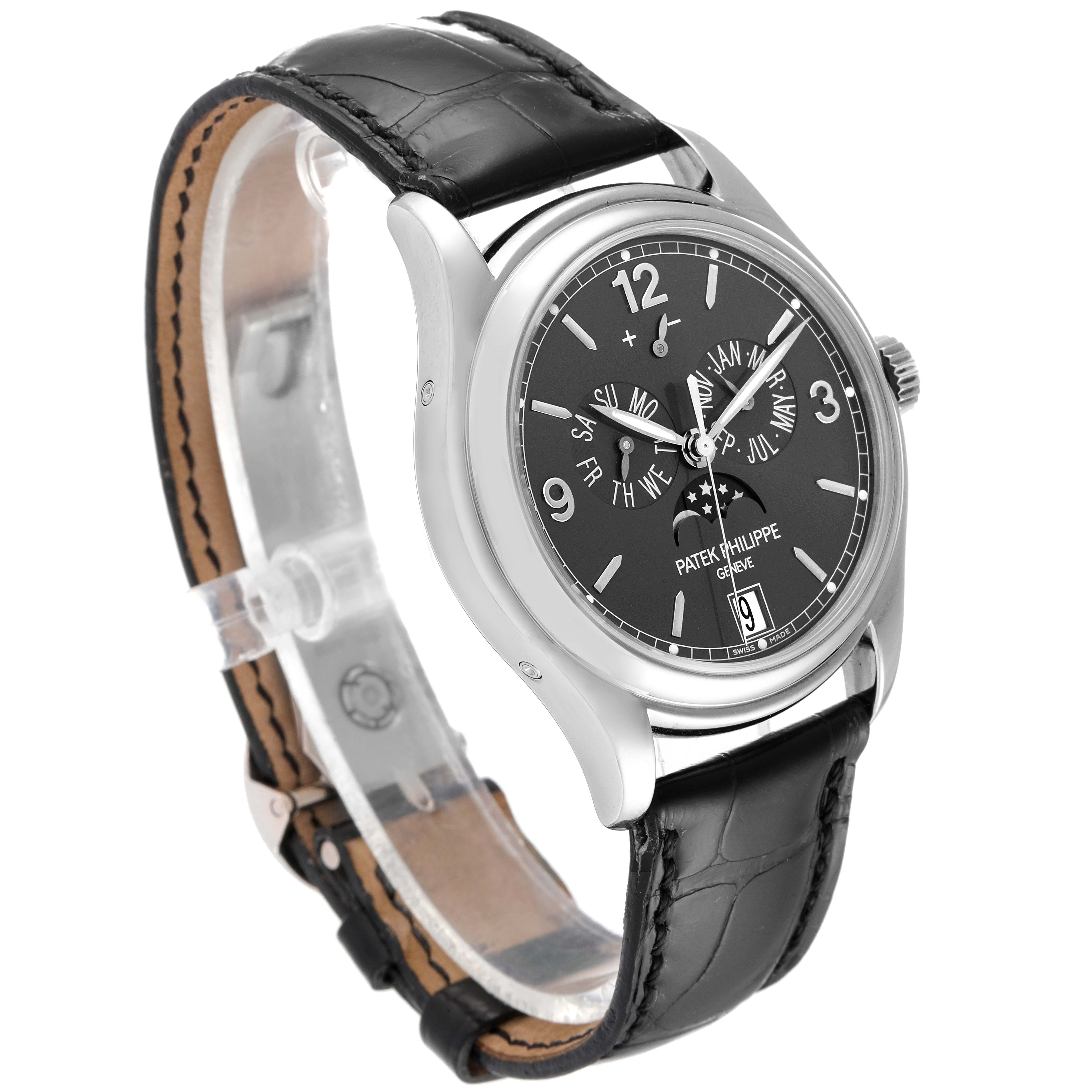 The image shows a Patek Philippe 5146G Men's White Gold Grey Dial 5146G Men's White Gold Grey Dial 5146 Complicated Annual Calendar White Gold Men's Watch from a front angle highlighting its face and strap.