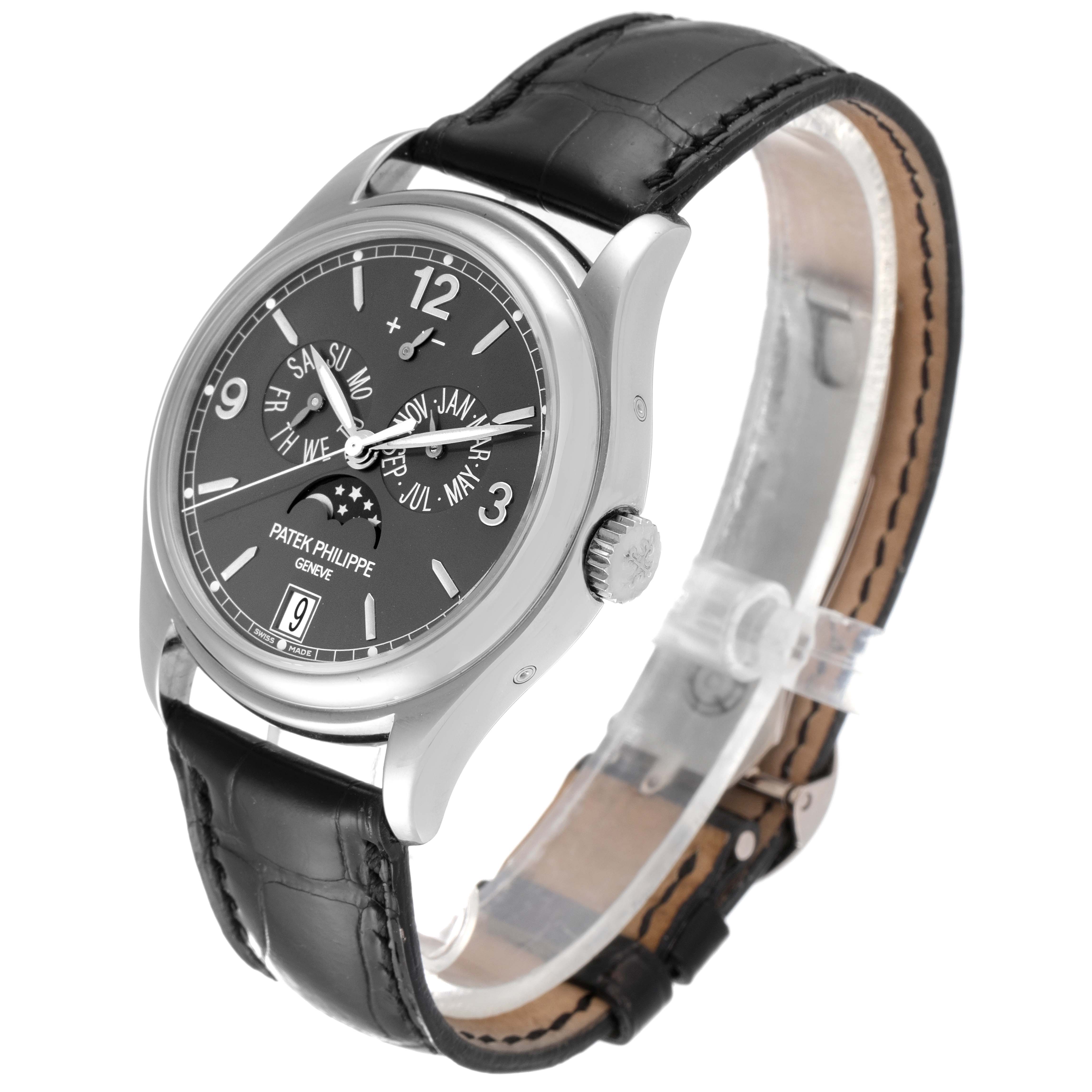 This image shows a Patek Philippe 5146G Men's White Gold Grey Dial 5146G Men's White Gold Grey Dial Complicated Annual Calendar White Gold Mens Watch 5146 at a three-quarter angle with a visible face and strap.