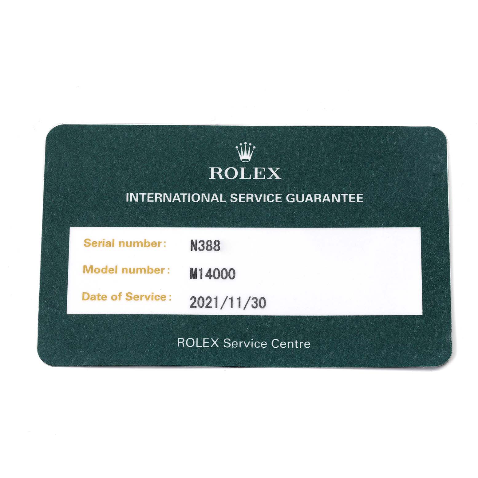 The image shows a Rolex International Service Guarantee card for the Air-King model.