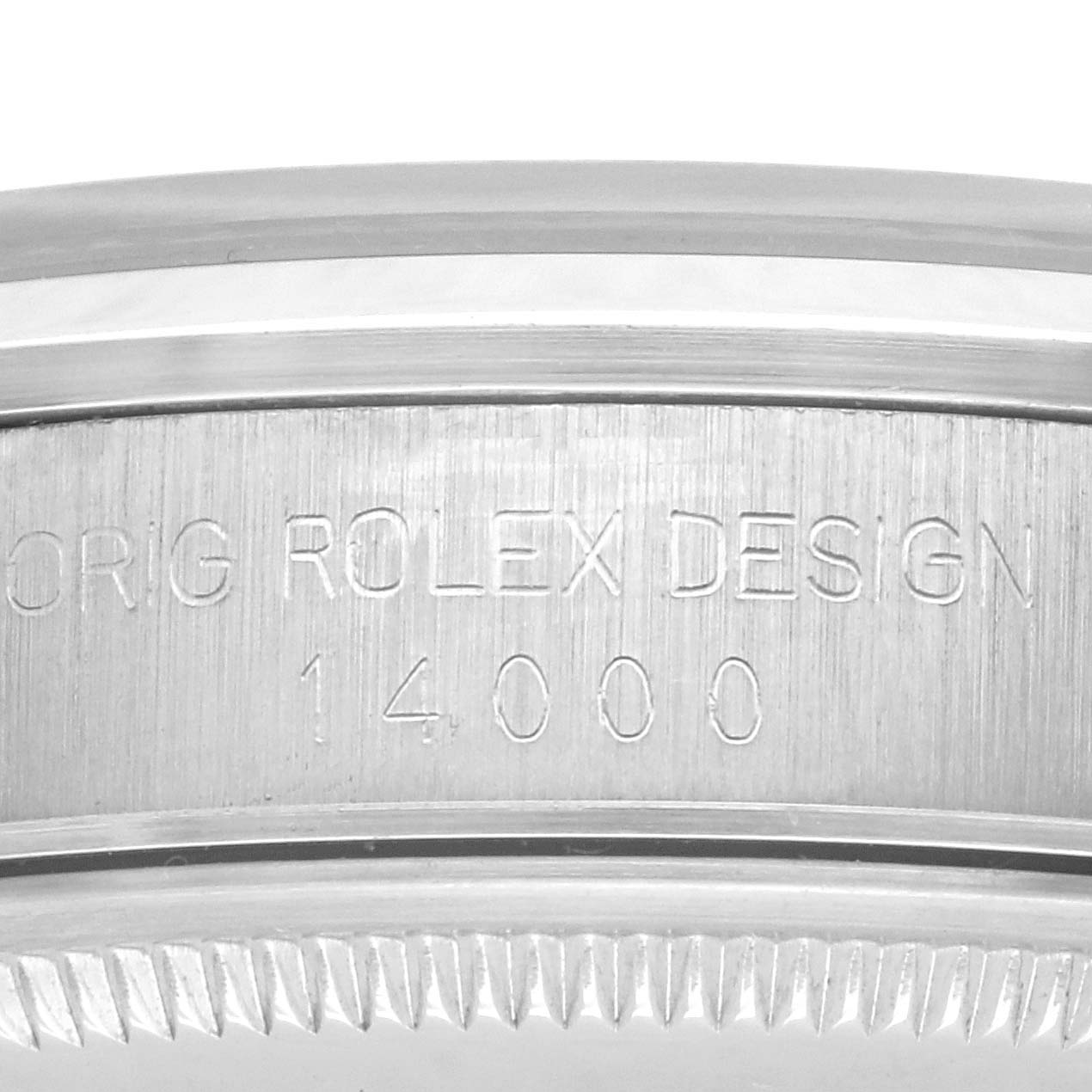 The image shows a close-up side view of the Rolex Air-King 14000 Men's Stainless Steel Blue Dial 14000 Men's Stainless Steel Blue Dial model's case with engraved branding and model number.