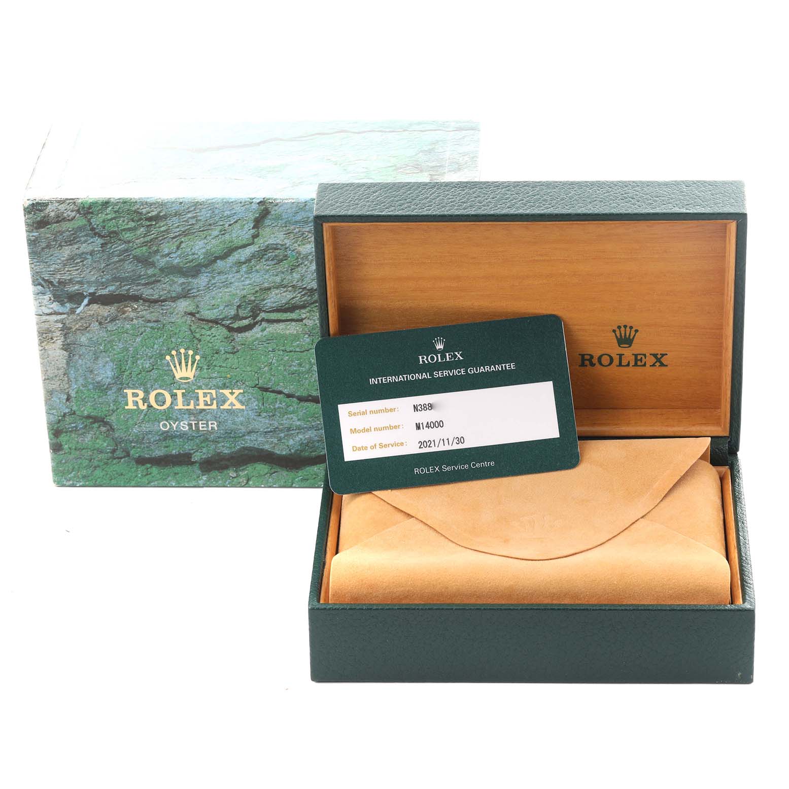 The image shows the Rolex Air-King 14000 Men's Stainless Steel Blue Dial 14000 Men's Stainless Steel Blue Dial's box, service card, and envelope, but not the watch itself.