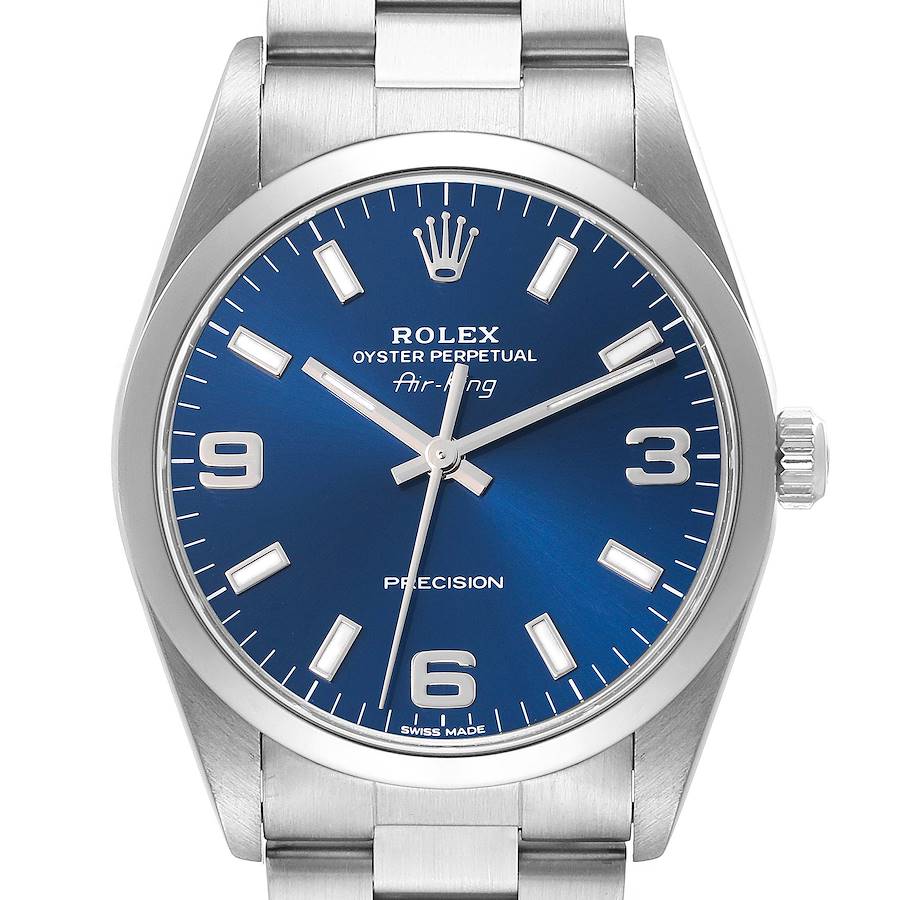 The Rolex Air-King watch is shown from a head-on angle, highlighting the dial, bezel, and bracelet.