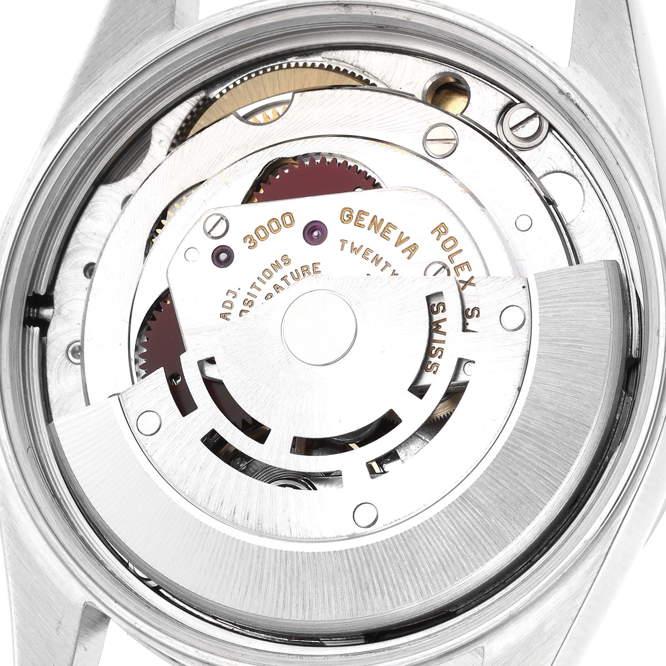 The image shows a Rolex Air-King 14000 Men's Stainless Steel Blue Dial 14000 Men's Stainless Steel Blue Dial watch movement from a top-down angle, revealing the internal mechanism and rotor.