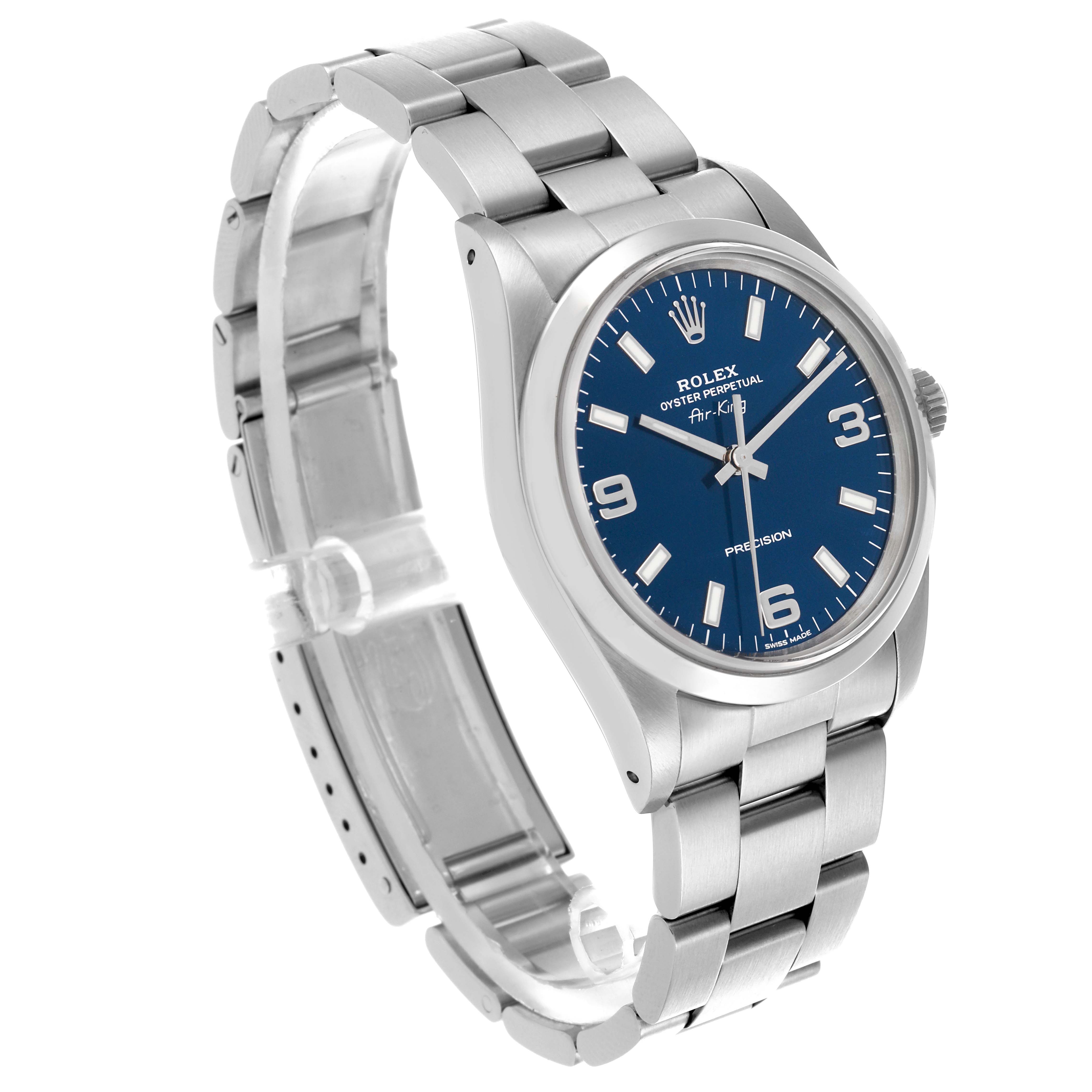 The Rolex Air-King 14000 Men's Stainless Steel Blue Dial 14000 Men's Stainless Steel Blue Dial watch is shown at a three-quarter angle, highlighting the face, bracelet, and crown.