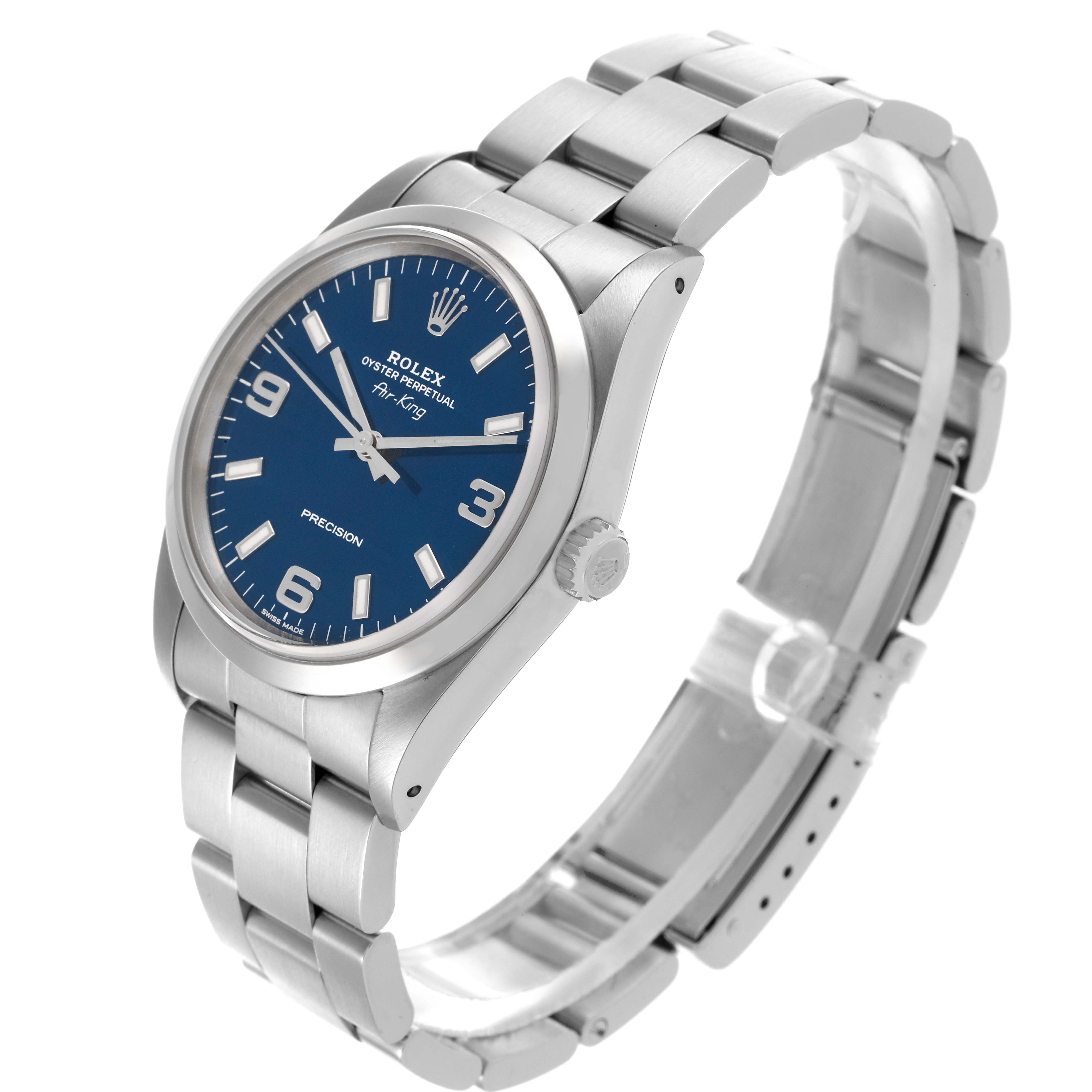 The Rolex Air-King 14000 Men's Stainless Steel Blue Dial 14000 Men's Stainless Steel Blue Dial watch is shown at a three-quarter angle, highlighting the dial, bezel, crown, and bracelet.