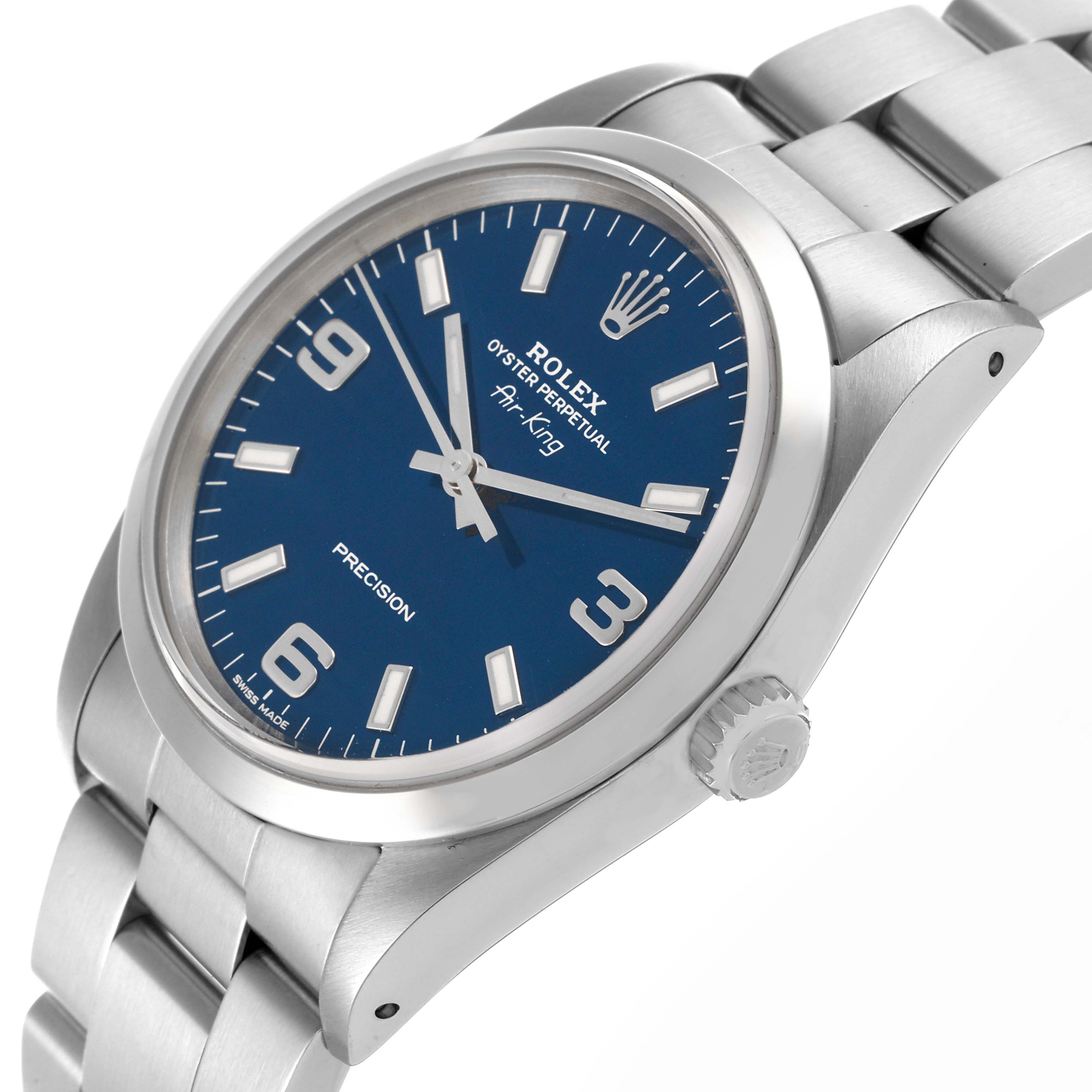 The Rolex Air-King 14000 Men's Stainless Steel Blue Dial 14000 Men's Stainless Steel Blue Dial watch is shown at a slight angle, showcasing the blue dial, bezel, crown, and bracelet.
