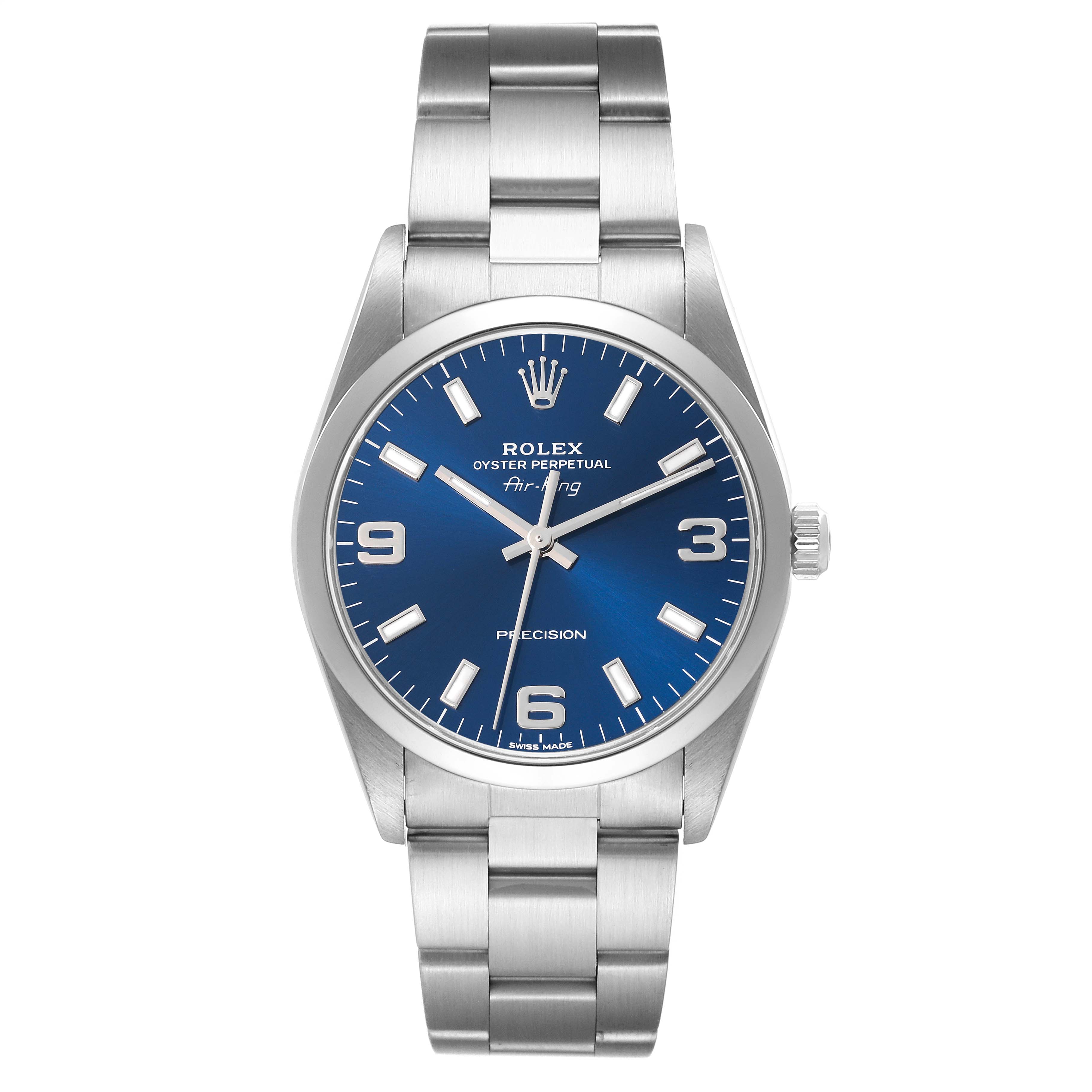 The Rolex Air-King 14000 Men's Stainless Steel Blue Dial 14000 Men's Stainless Steel Blue Dial is shown from the front, highlighting the face, bezel, case, and bracelet.