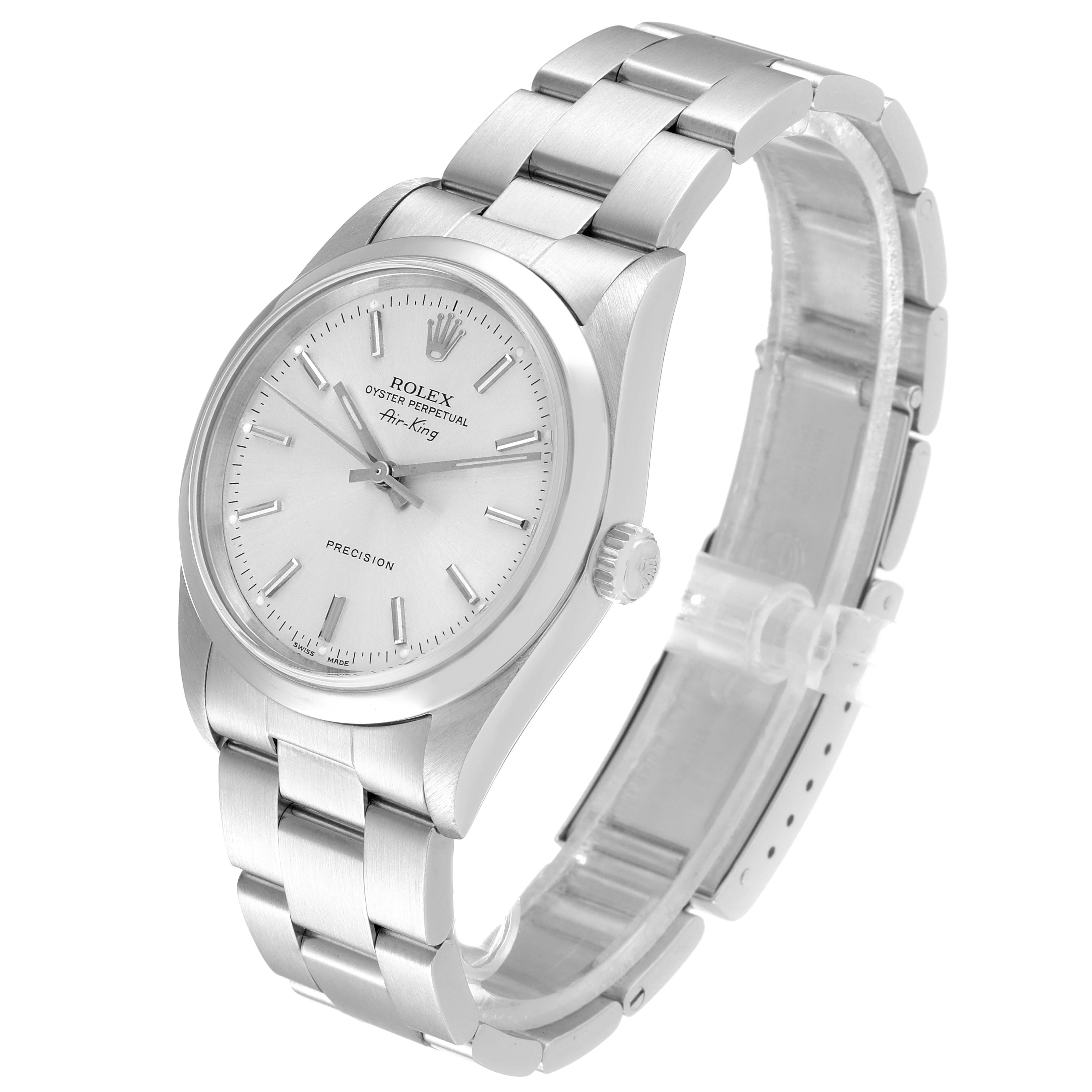 The Rolex Air-King 14000 Men's Stainless Steel Silver Dial 14000 Men's Stainless Steel Silver Dial watch is shown at a slight angle, highlighting its silver bracelet, dial, case, and crown.