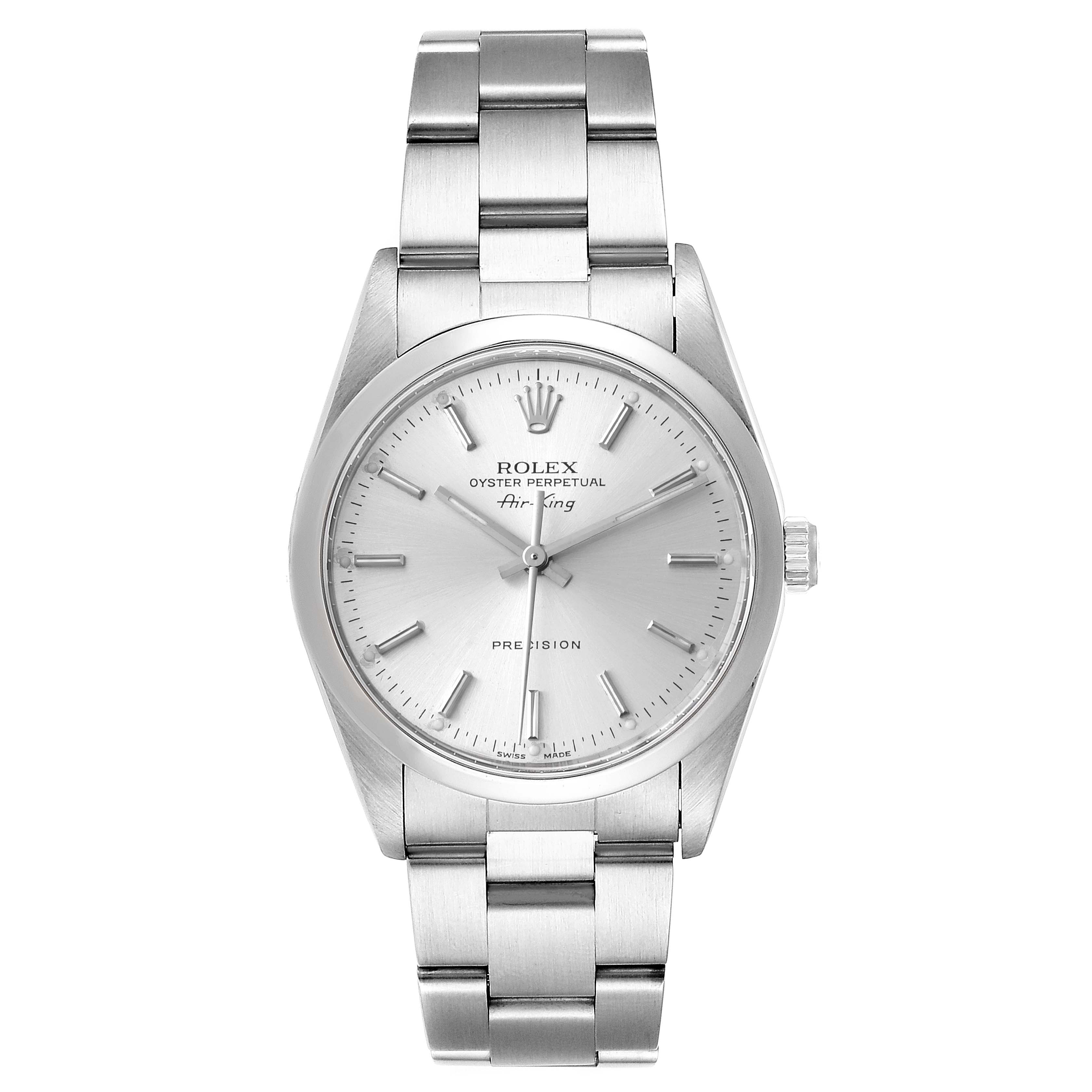 The image shows a Rolex Air-King 14000 Men's Stainless Steel Silver Dial 14000 Men's Stainless Steel Silver Dial watch from a straight-on view, highlighting the dial, case, and bracelet.