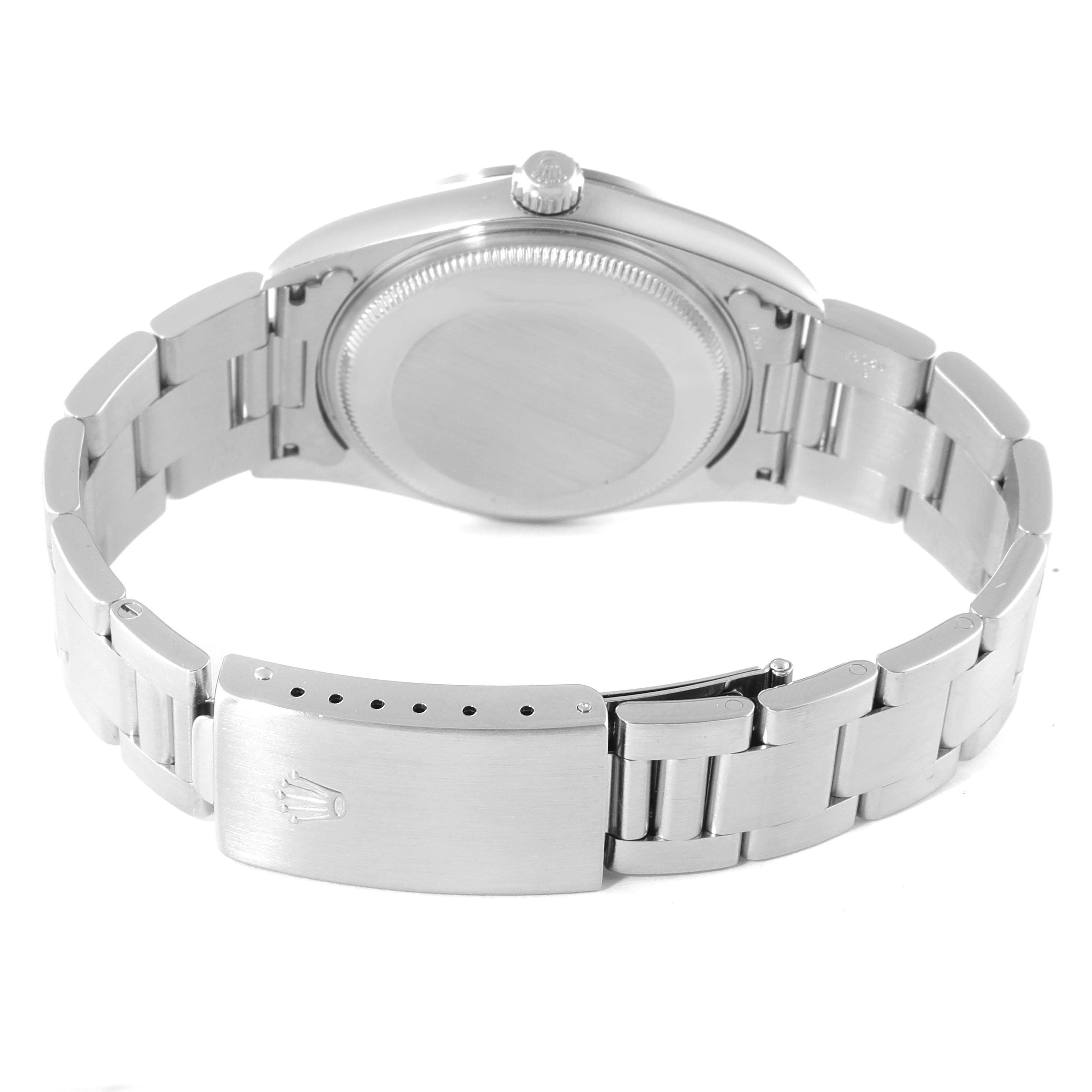 The image shows the back view of a Rolex Air-King 14000 Men's Stainless Steel Silver Dial 14000 Men's Stainless Steel Silver Dial watch, highlighting the case back, crown, and the bracelet with a clasp.