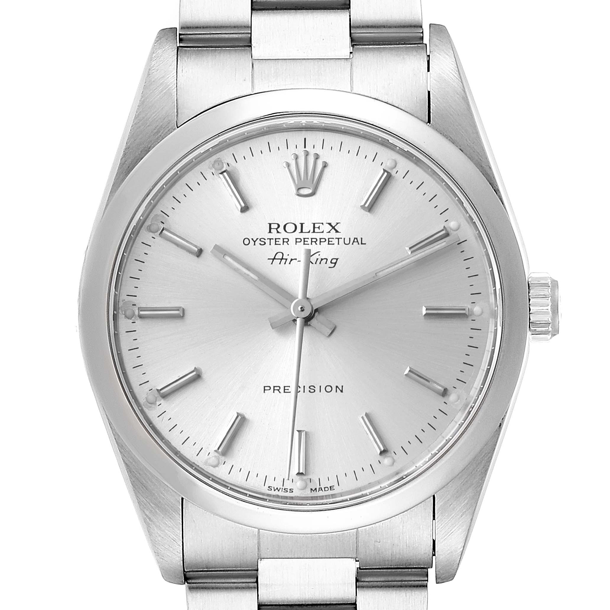 The image shows a front view of the Rolex Air-King 14000 Men's Stainless Steel Silver Dial 14000 Men's Stainless Steel Silver Dial watch, displaying its dial, hands, crown, and part of the metal bracelet.