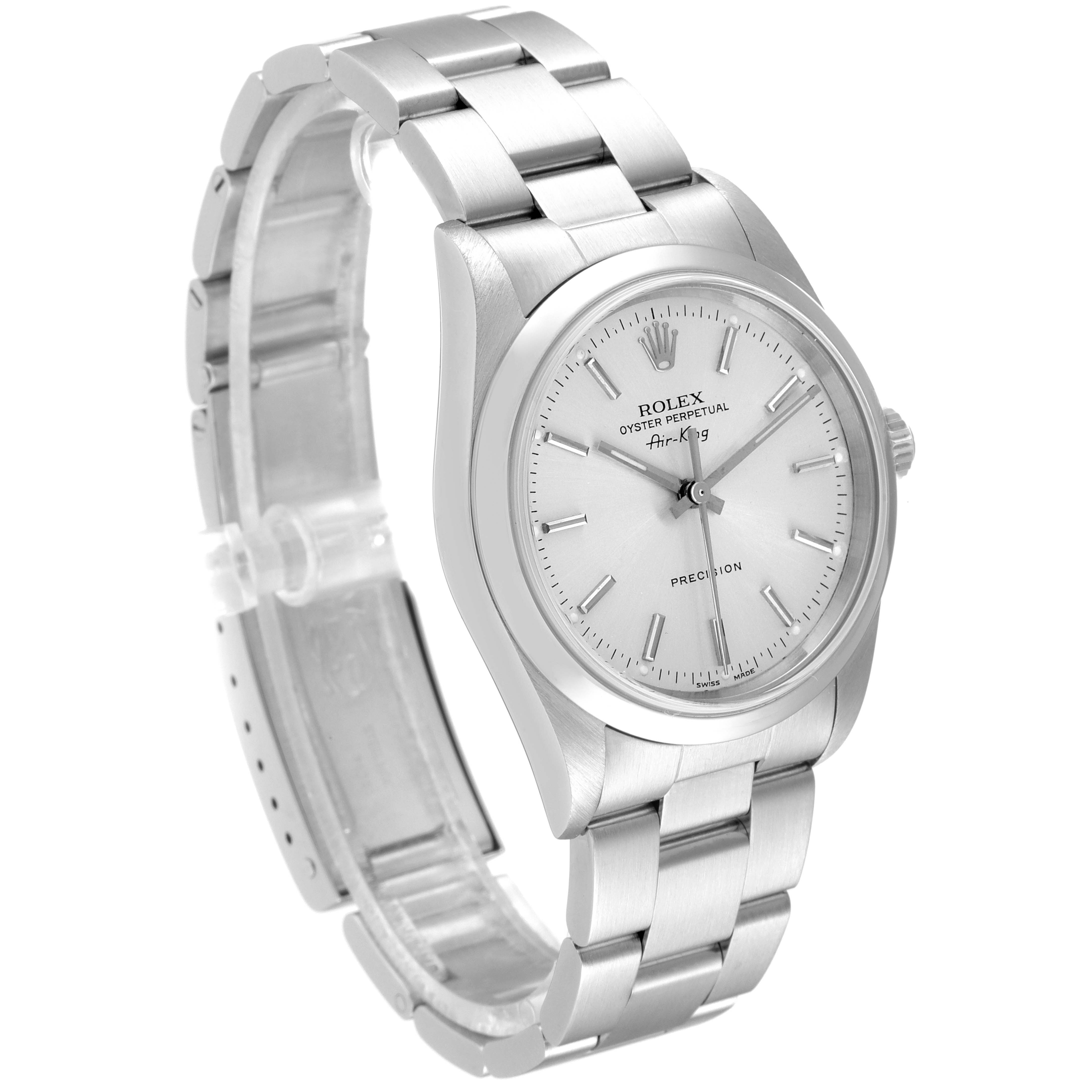 The image shows a Rolex Air-King 14000 Men's Stainless Steel Silver Dial 14000 Men's Stainless Steel Silver Dial watch at a 3/4 angle, featuring the dial, bezel, bracelet, and clasp.