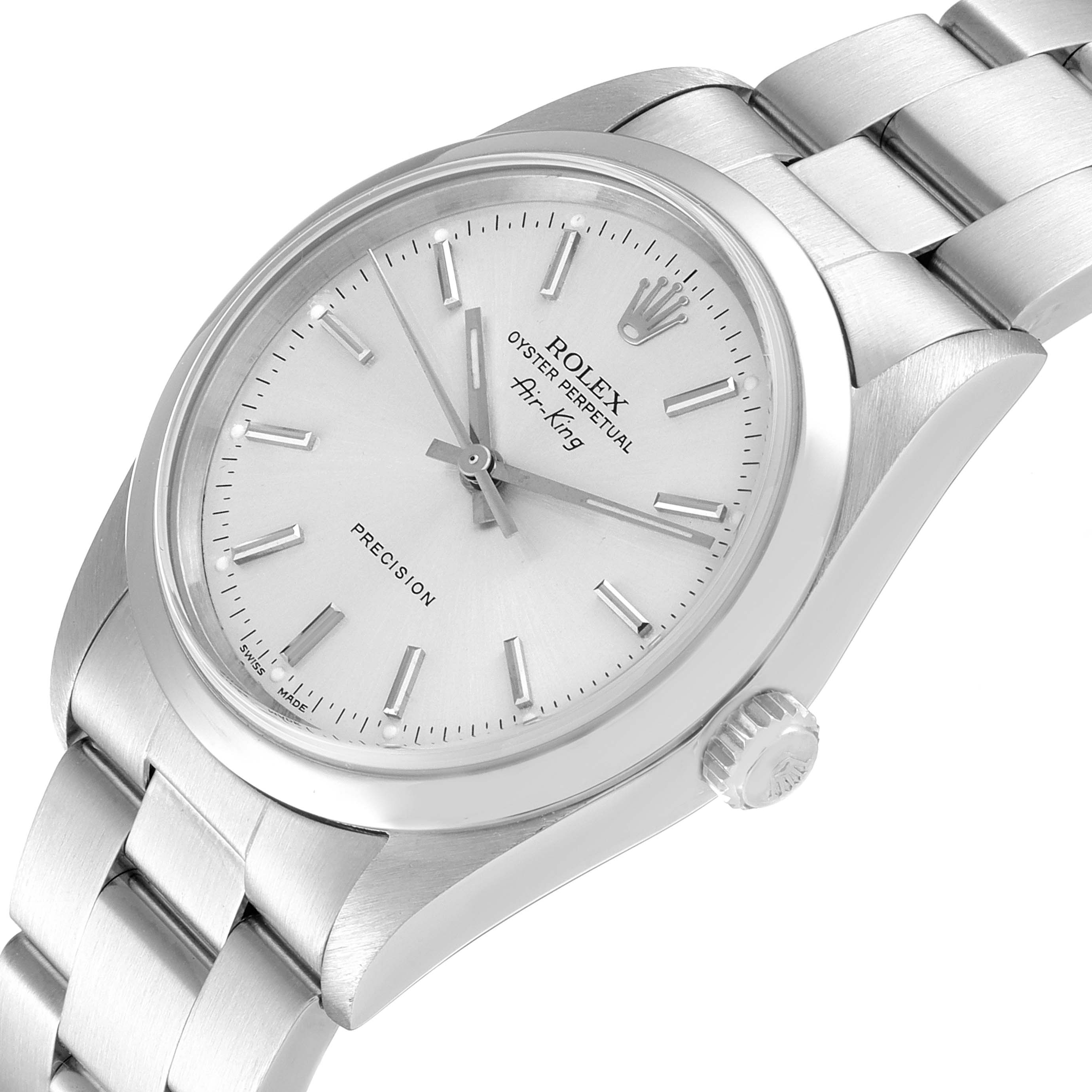 The image shows a close-up angled view of the Rolex Air-King 14000 Men's Stainless Steel Silver Dial 14000 Men's Stainless Steel Silver Dial, displaying the face, bezel, crown, and part of the bracelet.