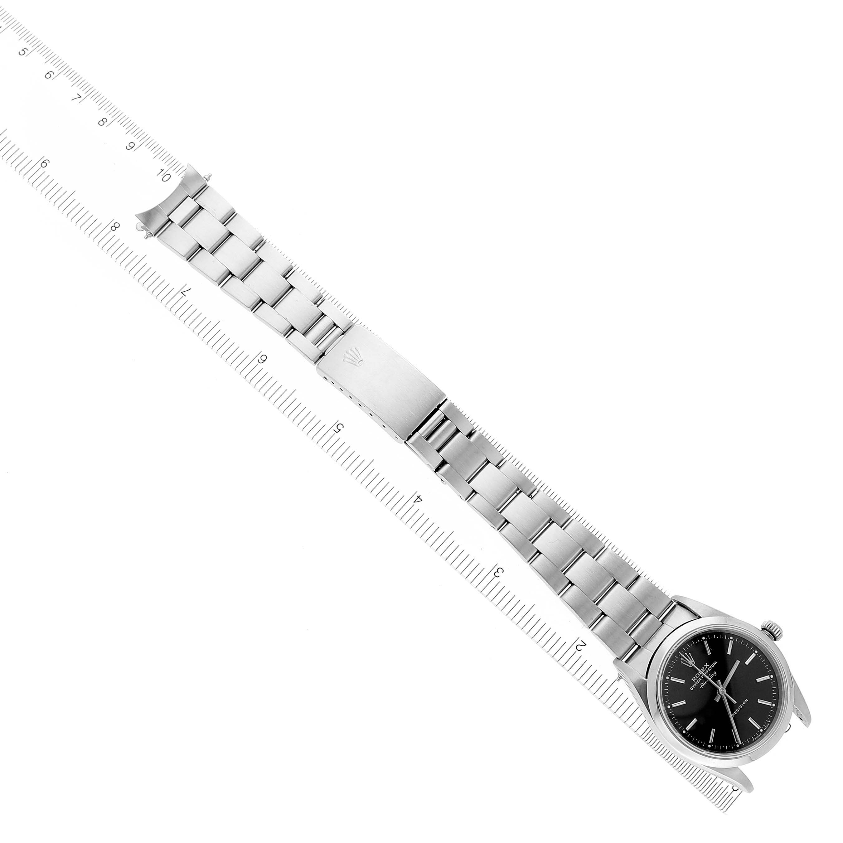 The image shows a top-down view of a Rolex Air-King 14000 Men's Stainless Steel Black Dial 14000 Men's Stainless Steel Black Dial watch, displaying the full bracelet and black dial.