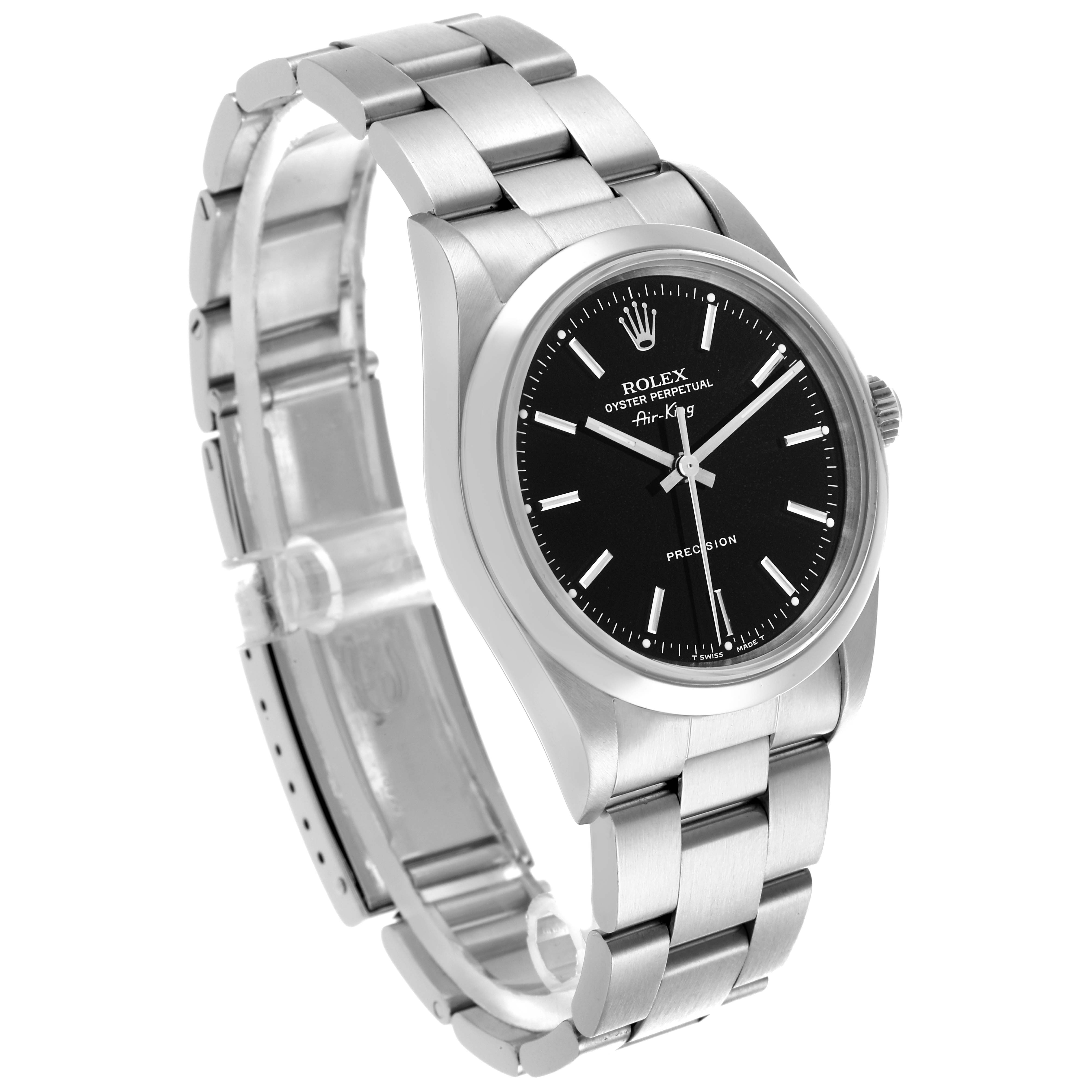 The Rolex Air-King 14000 Men's Stainless Steel Black Dial 14000 Men's Stainless Steel Black Dial watch is shown at a three-quarter angle, featuring the dial, bezel, and part of the bracelet.