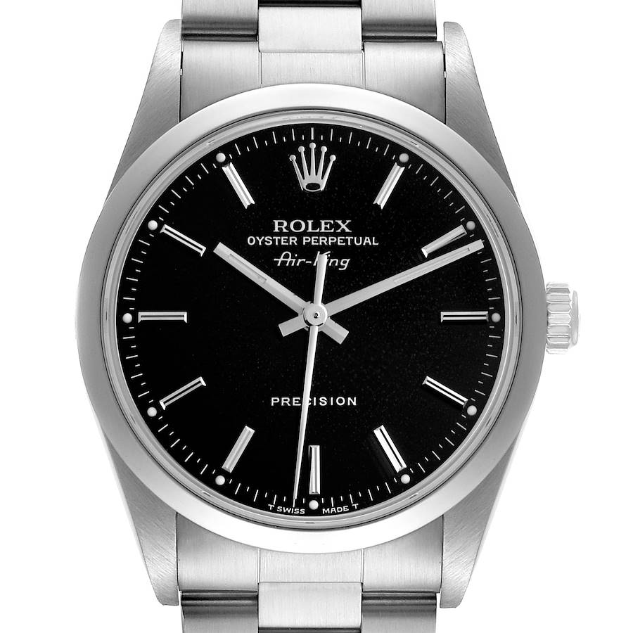 The Rolex Air-King watch is shown from a front angle, displaying the full dial, case, and part of the bracelet.