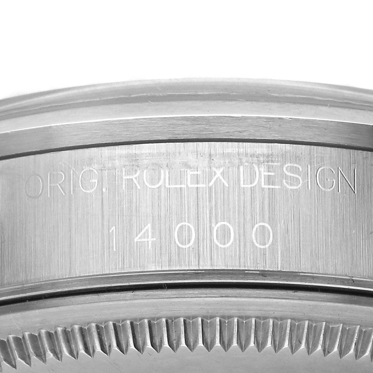 The image shows a close-up of the engraved side of a Rolex Air-King 14000 Men's Stainless Steel Black Dial 14000 Men's Stainless Steel Black Dial watch case.