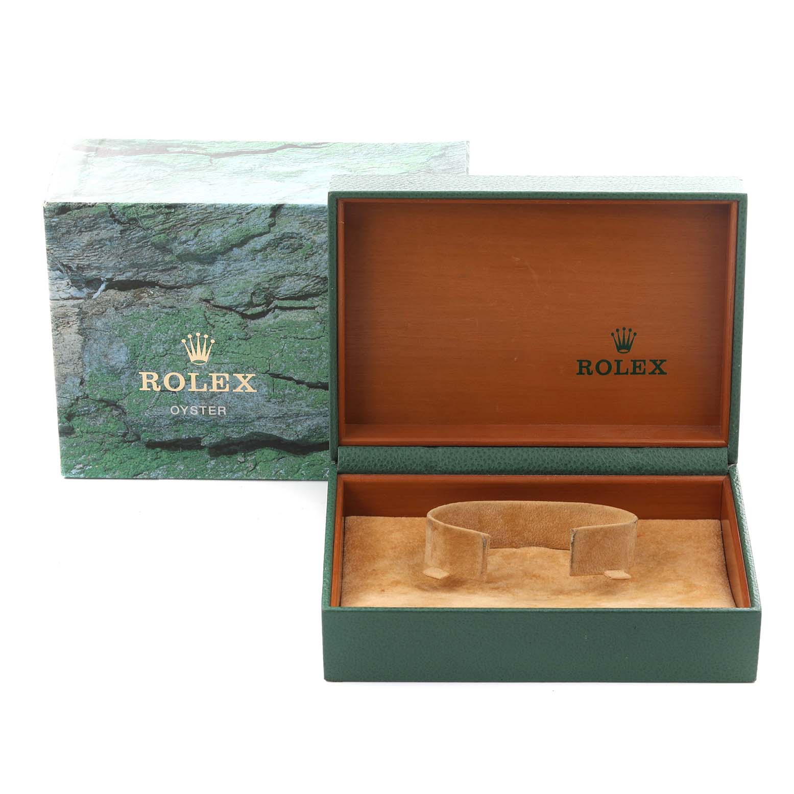 The image shows the open box and packaging for a Rolex Air-King 14000 Men's Stainless Steel Black Dial 14000 Men's Stainless Steel Black Dial watch, with no watch visible.