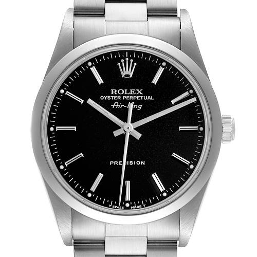 The Rolex Air-King watch is shown from a front angle, highlighting its dial, hands, and bracelet.