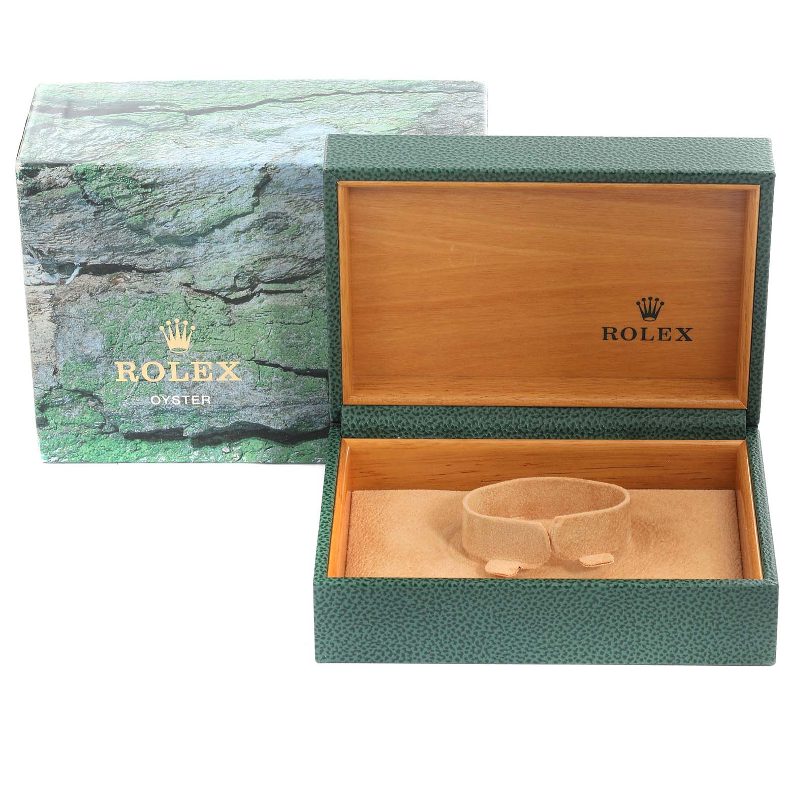 The image shows a Rolex Air-King 14000 Men's Stainless Steel Silver Dial 14000 Men's Stainless Steel Silver Dial watch box and its inner packaging at an angle displaying the open box and outer box design.