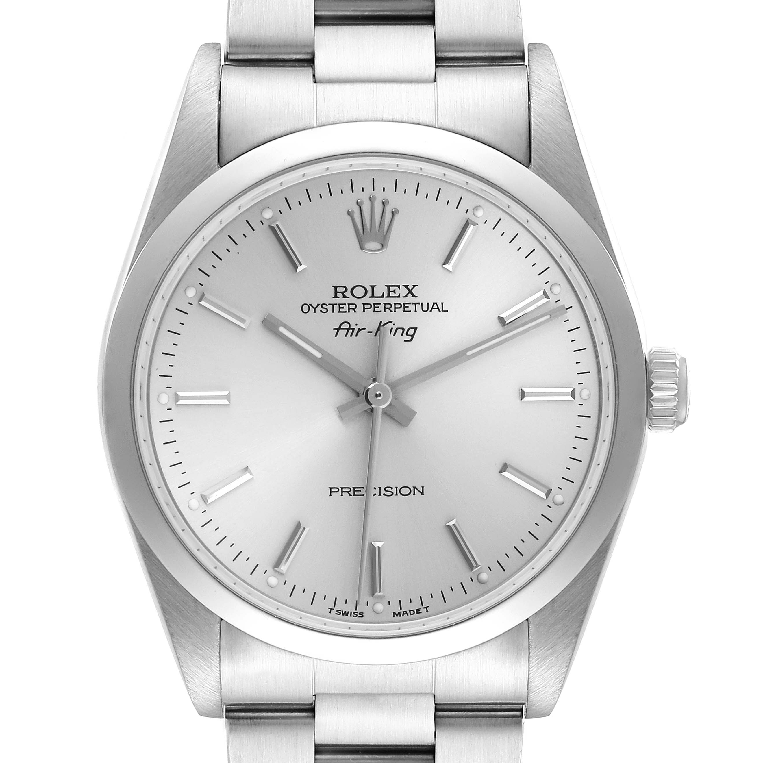 The Rolex Air-King 14000 Men's Stainless Steel Silver Dial 14000 Men's Stainless Steel Silver Dial watch is shown from a front angle, displaying the dial, crown, and part of the bracelet.