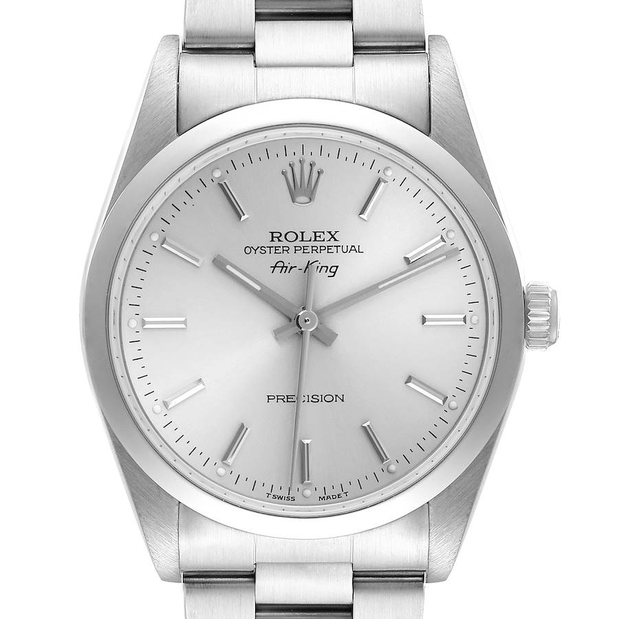 The Rolex Air-King watch is shown from a front angle, displaying the dial, crown, and part of the bracelet.