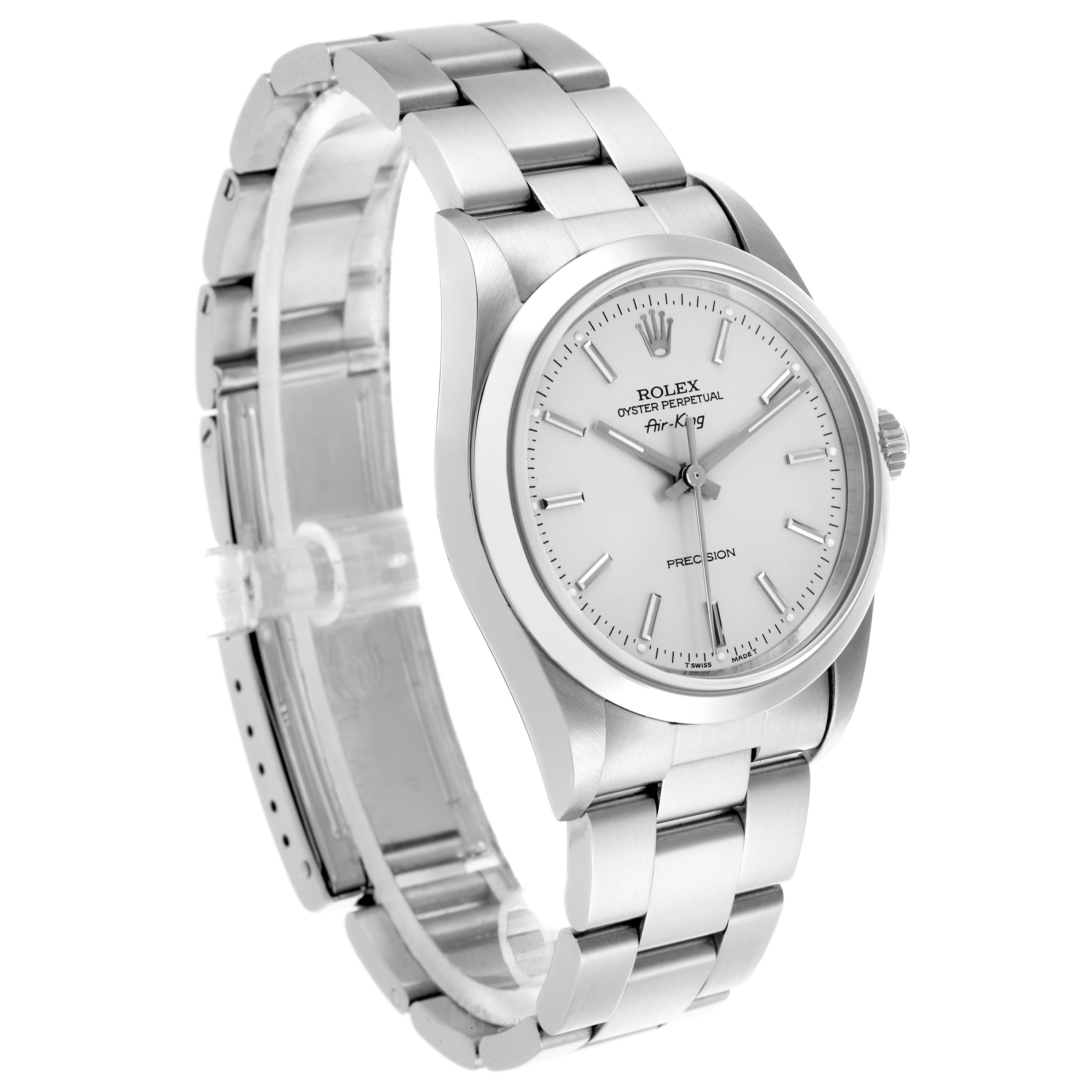 The Rolex Air-King 14000 Men's Stainless Steel Silver Dial 14000 Men's Stainless Steel Silver Dial watch is shown at an angled side view, displaying the bracelet, case, crown, and dial.