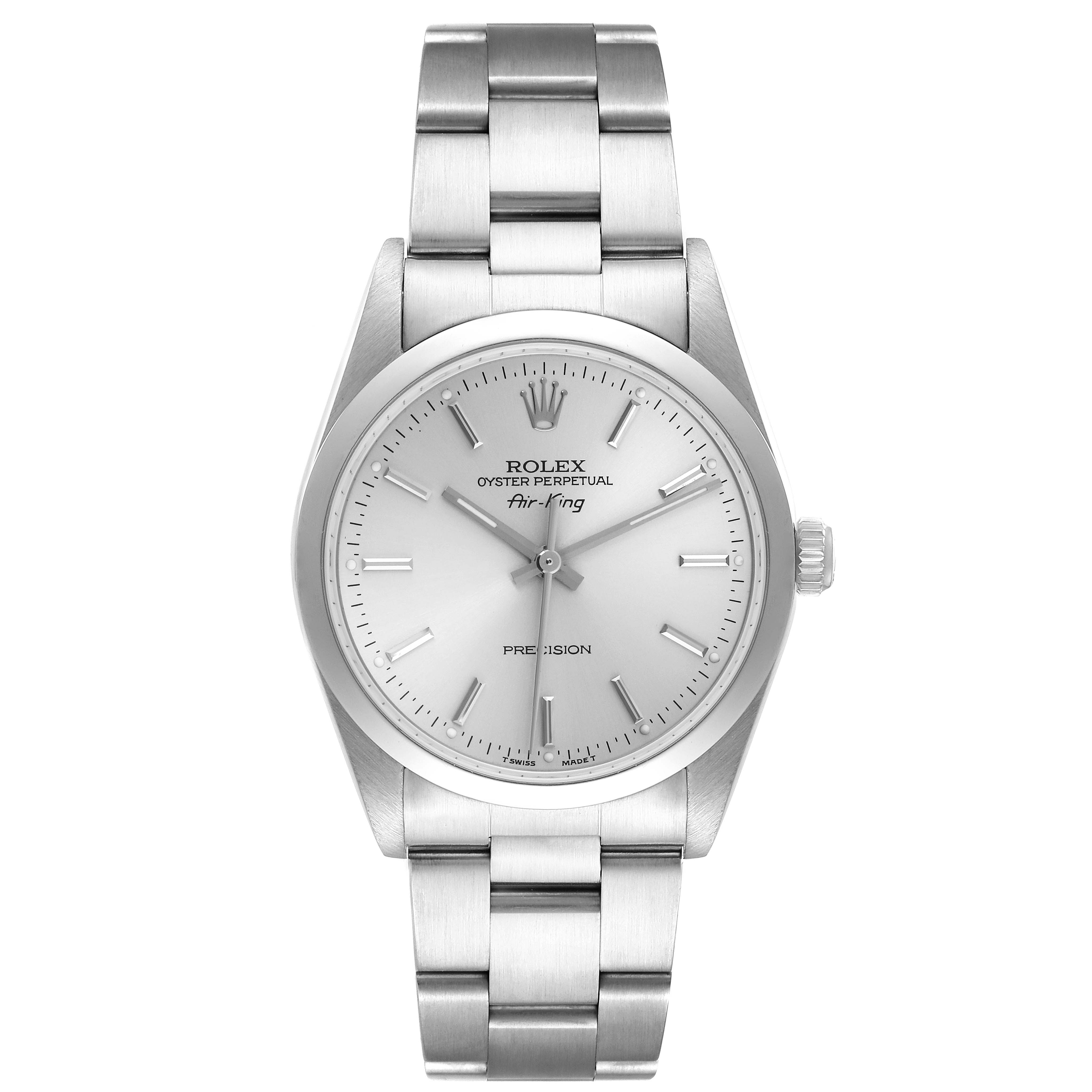 The Rolex Air-King 14000 Men's Stainless Steel Silver Dial 14000 Men's Stainless Steel Silver Dial watch is shown from a top-down angle, displaying the dial, bezel, and bracelet.