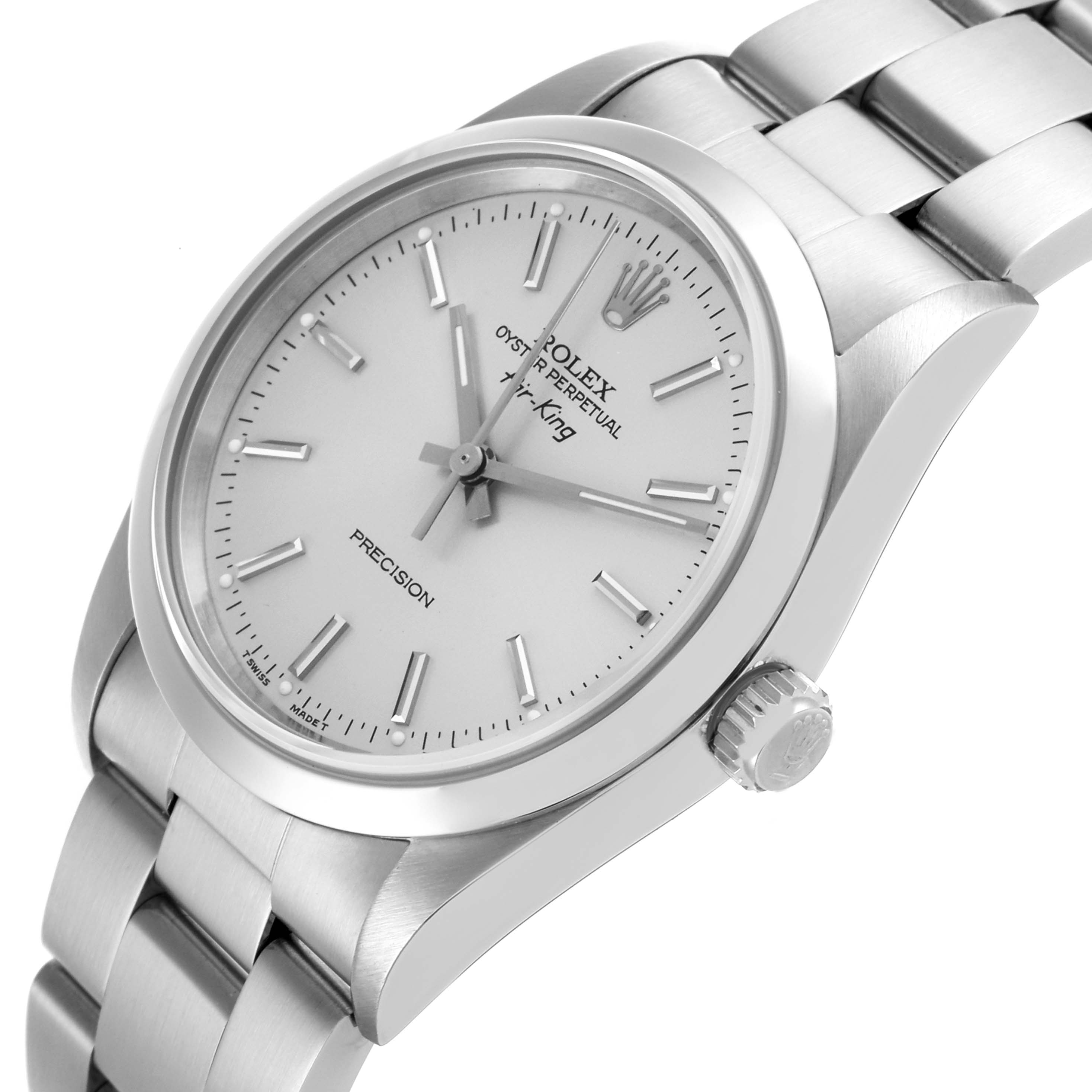 The Rolex Air-King 14000 Men's Stainless Steel Silver Dial 14000 Men's Stainless Steel Silver Dial watch is shown from an angled side view highlighting the dial, crown, and bracelet.
