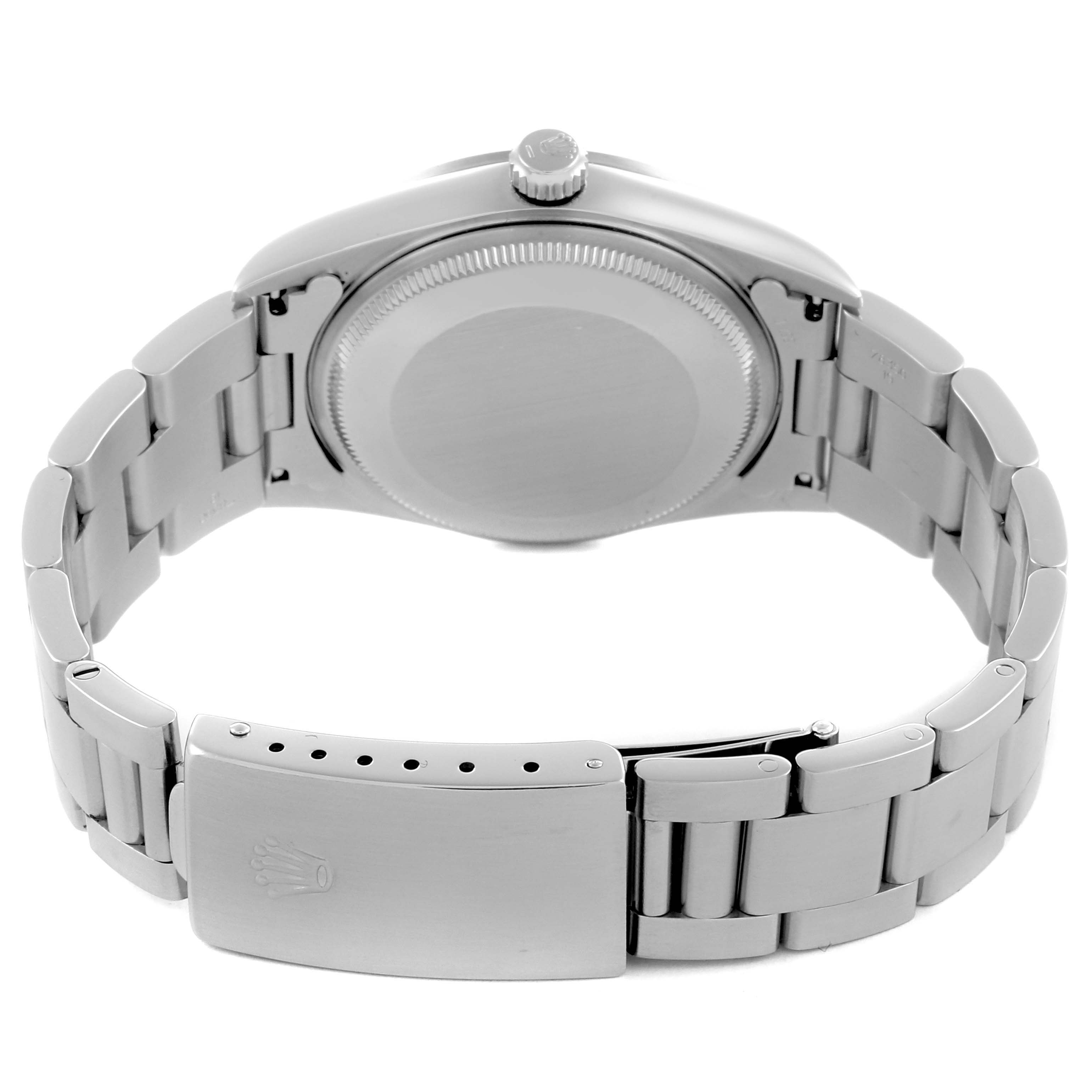 The image shows the back view of a Rolex Air-King 14000 Men's Stainless Steel Silver Dial 14000 Men's Stainless Steel Silver Dial watch, highlighting the case back, crown, and bracelet clasp.