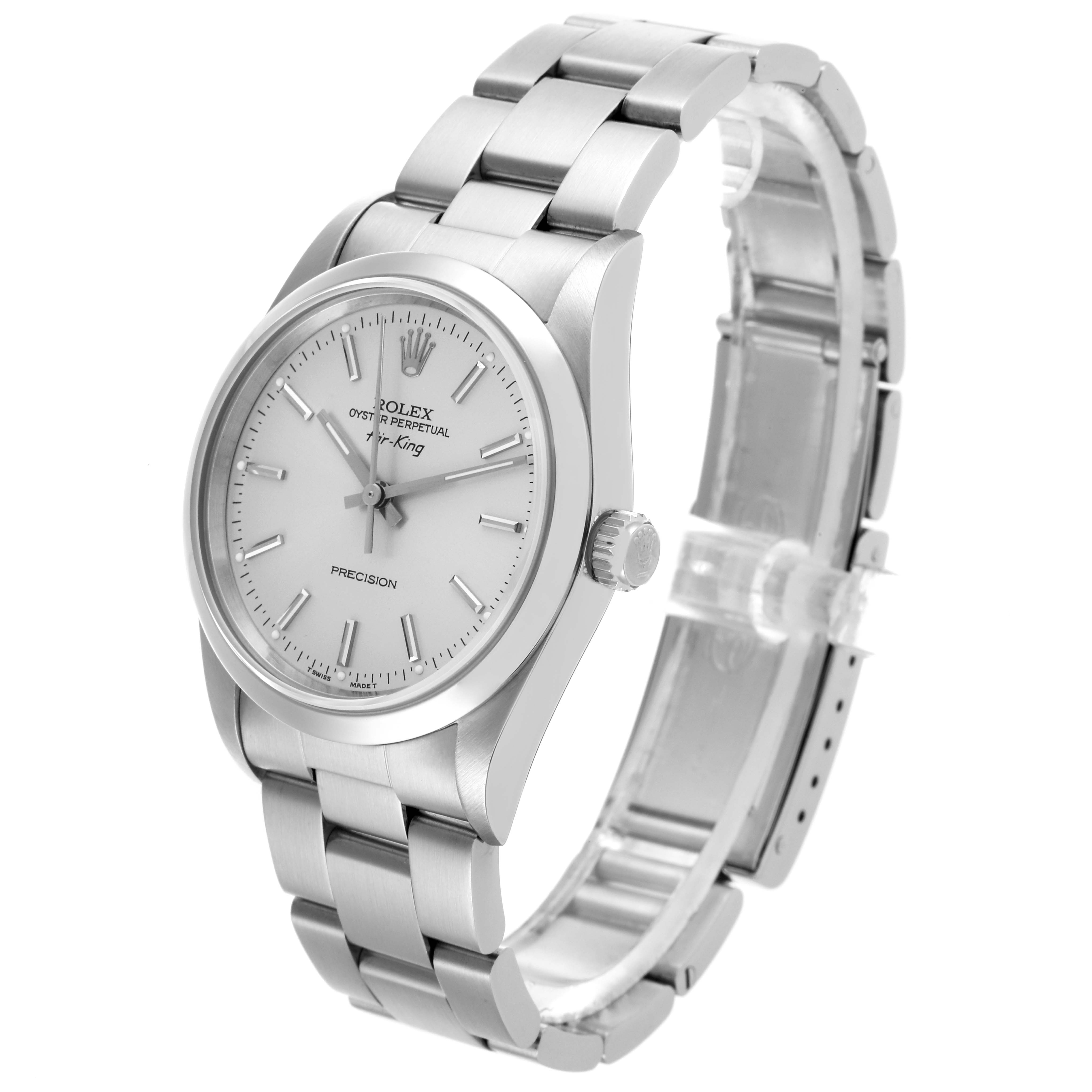 The Rolex Air-King 14000 Men's Stainless Steel Silver Dial 14000 Men's Stainless Steel Silver Dial watch is shown at a three-quarter angle, displaying the face, bezel, crown, and bracelet.