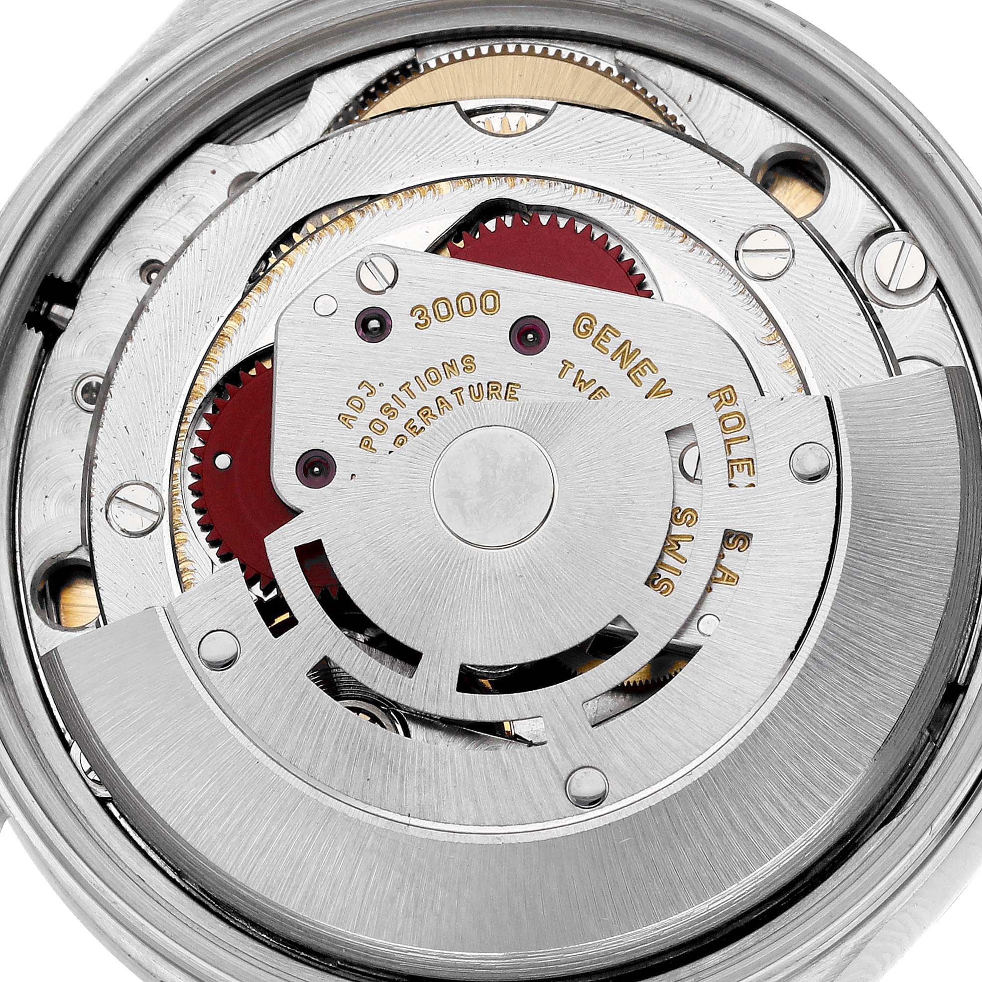 The image shows the internal mechanism of the Rolex Air-King 14000 Men's Stainless Steel Silver Dial 14000 Men's Stainless Steel Silver Dial, including gears and the rotor from a top-down angle.