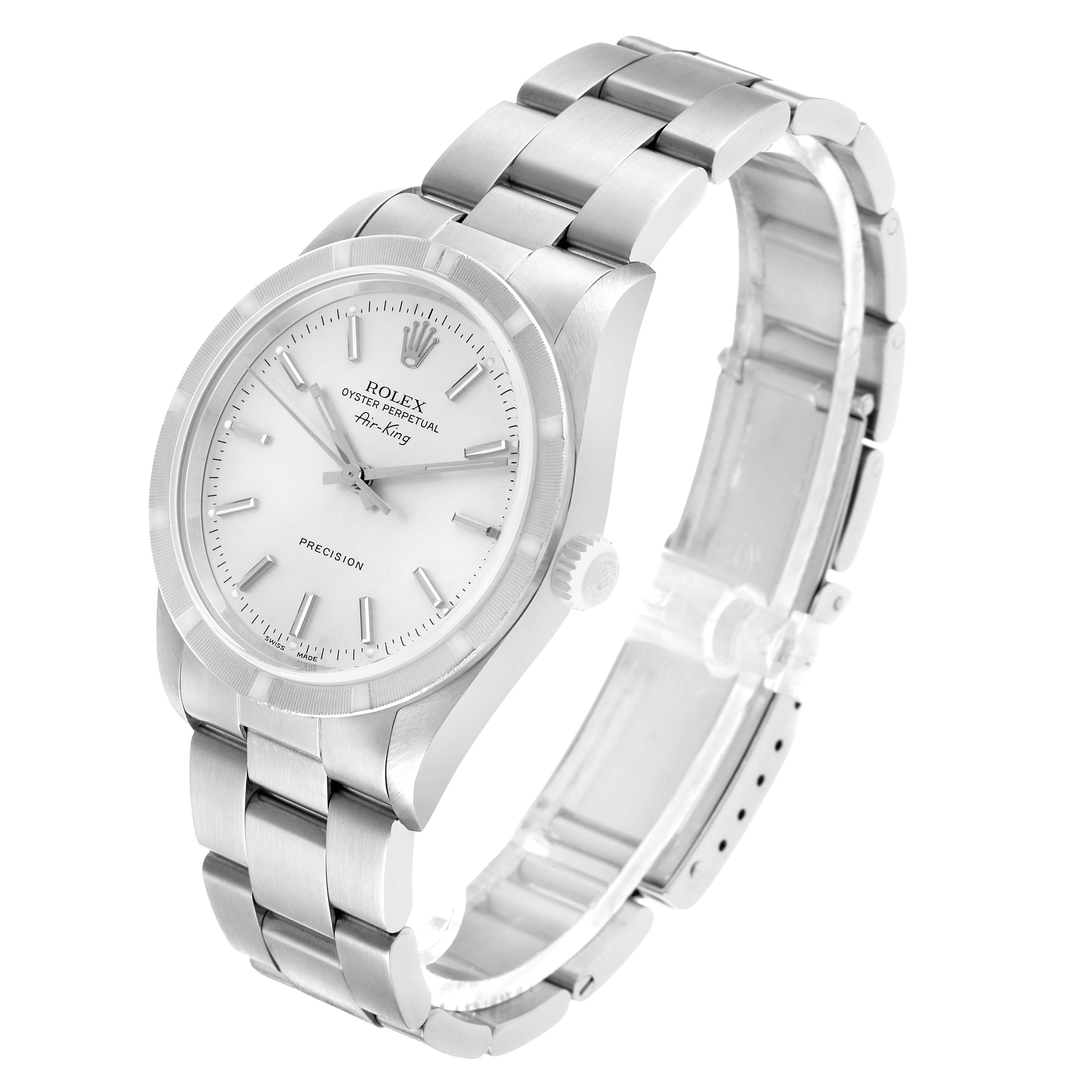 The Rolex Air-King 14010M Men's Stainless Steel Silver Dial watch is shown at an angled side view, revealing its face, bracelet, and crown.