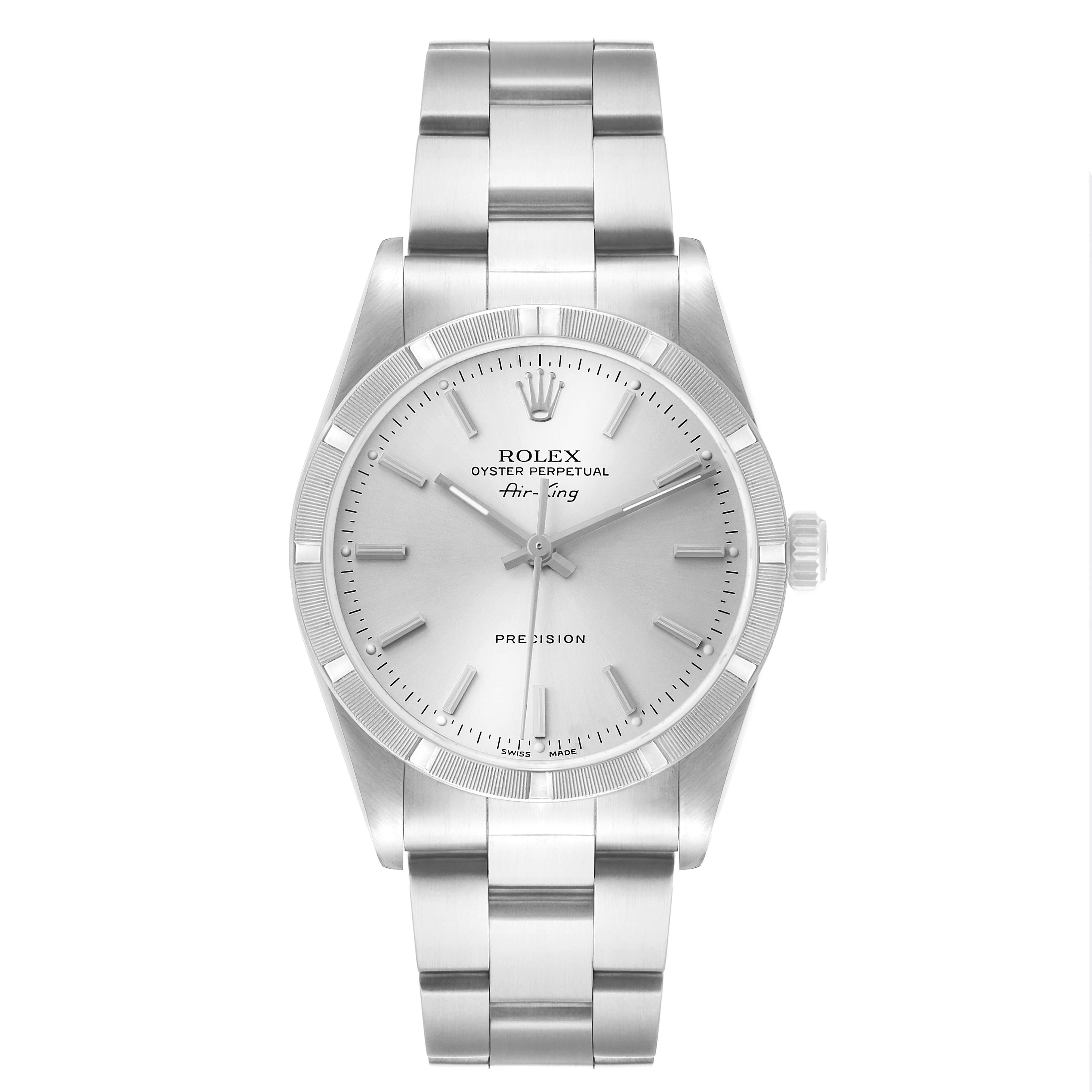 The Rolex Air-King 14010M Men's Stainless Steel Silver Dial watch is shown from a front view, displaying the dial, bracelet, and crown.