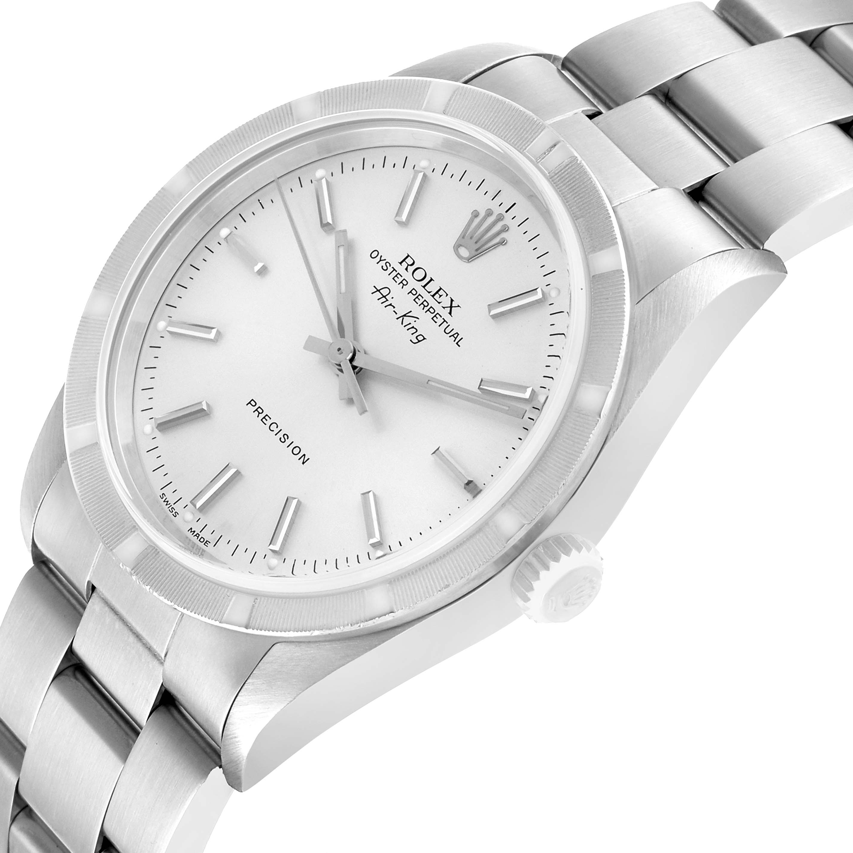 The Rolex Air-King 14010M Men's Stainless Steel Silver Dial watch is shown at a slight angle, displaying the face, crown, bezel, and part of the bracelet.