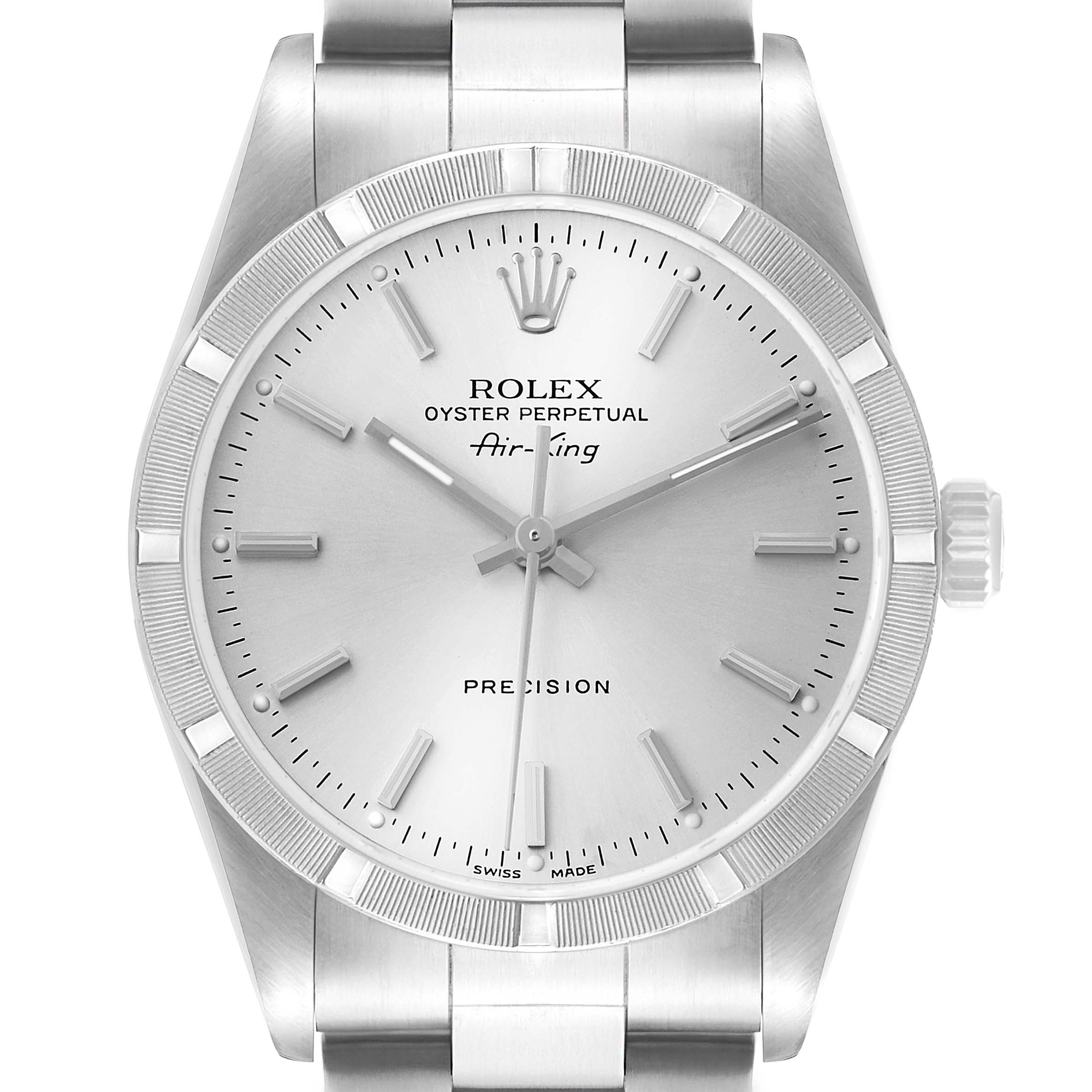 The Rolex Air-King 14010M Men's Stainless Steel Silver Dial watch is shown from a front angle, highlighting the dial, bezel, and bracelet.