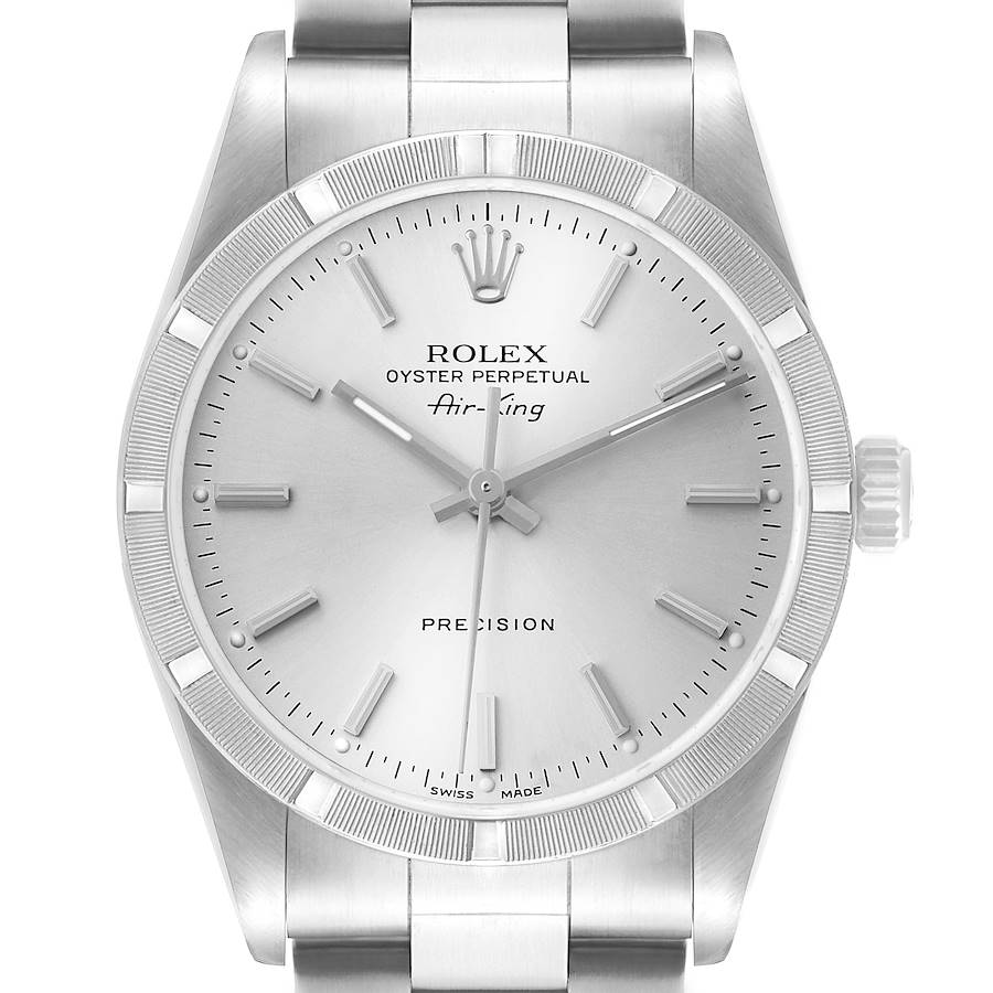 The Rolex Air-King 14010M Men's Stainless Steel Silver Dial watch is shown from a front angle, highlighting the dial, bezel, and bracelet.