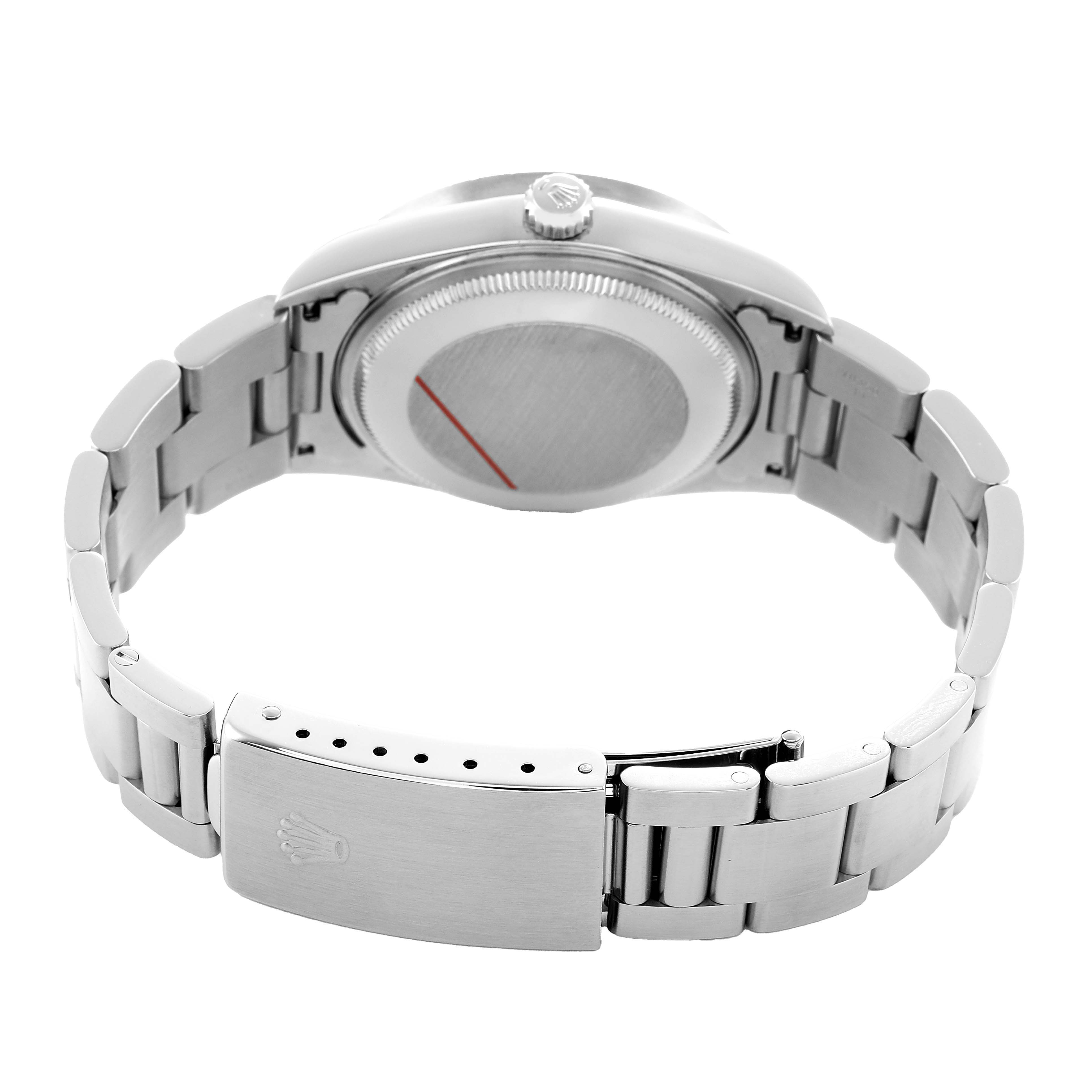 The Rolex Air-King 14010M Men's Stainless Steel Silver Dial watch is shown from the back, featuring the case back, crown, and bracelet clasp.