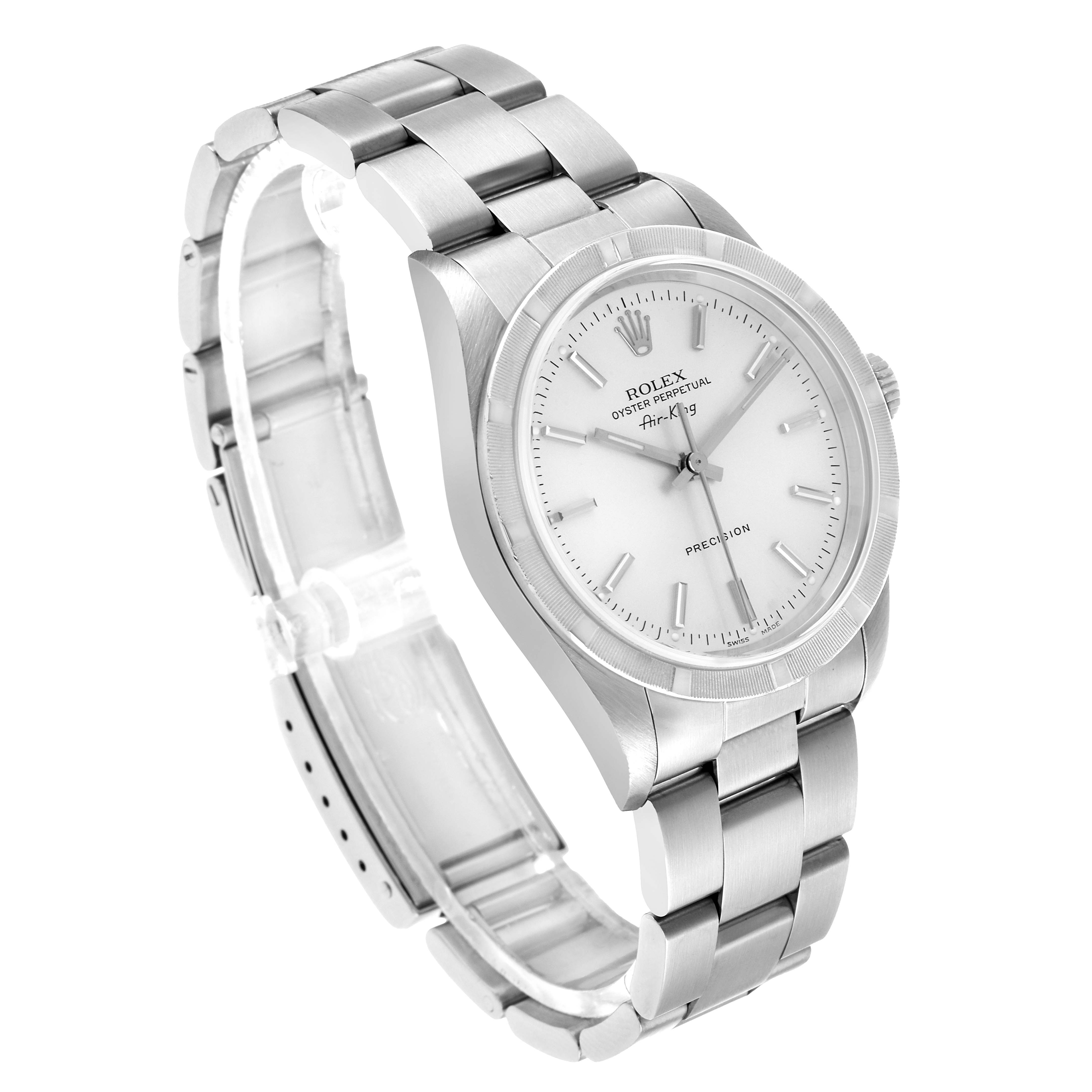 The Rolex Air-King 14010M Men's Stainless Steel Silver Dial watch is shown at a three-quarter angle, displaying its face, bezel, and bracelet.