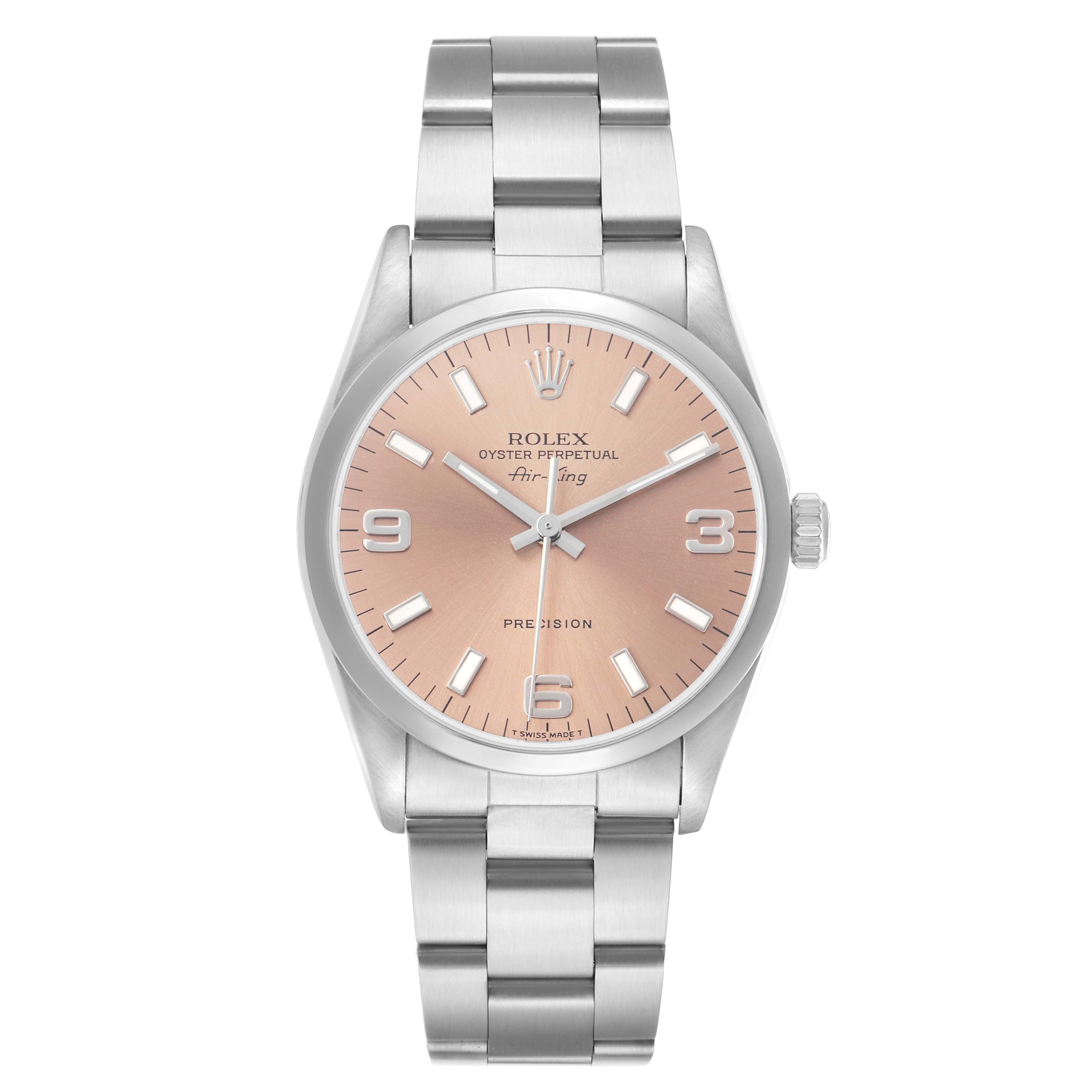 The Rolex Air-King 14000 Men's Stainless Steel Pink Dial watch is shown from the front, highlighting the dial, bezel, case, and bracelet.