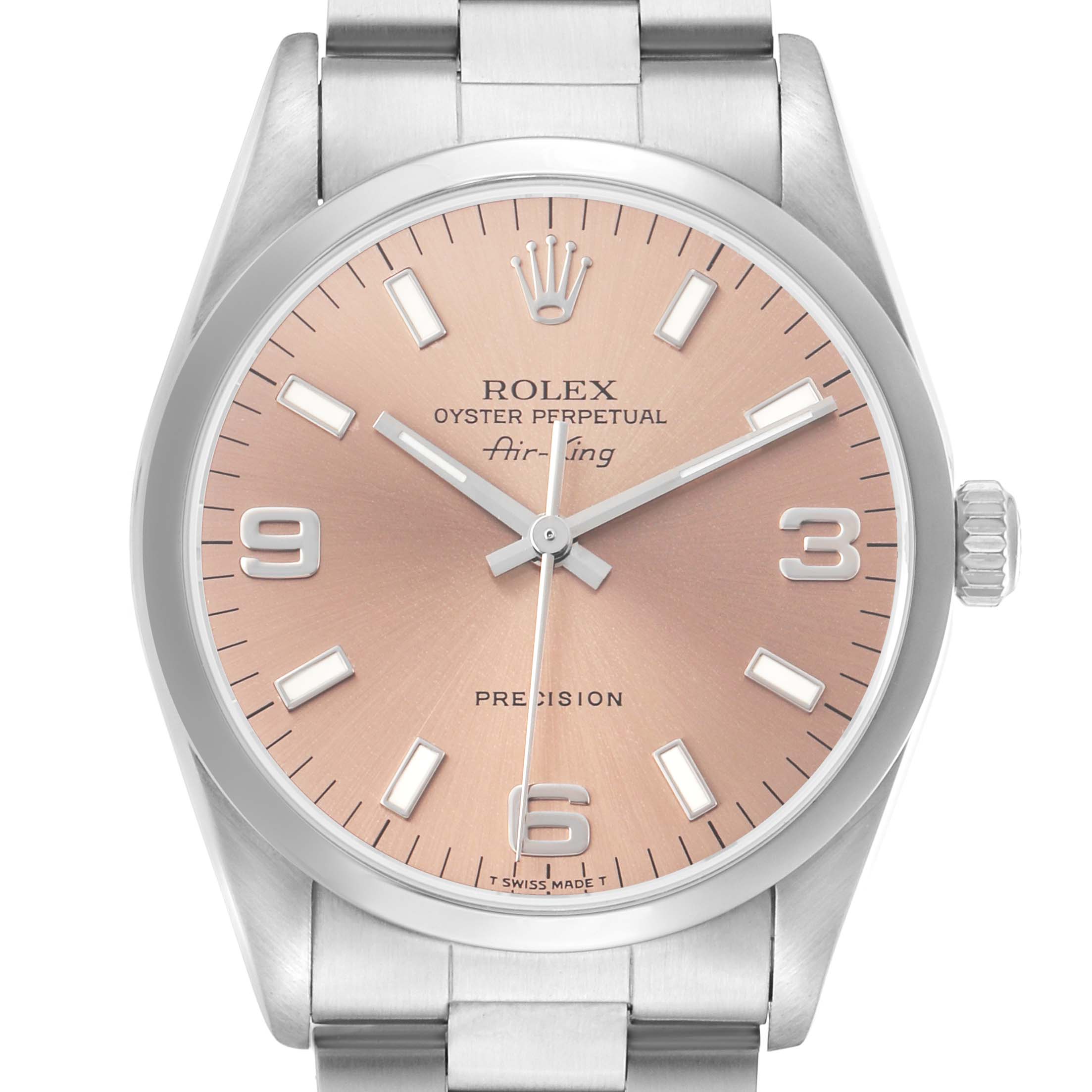 The Rolex Air-King 14000 Men's Stainless Steel Pink Dial watch is shown from the front, highlighting its dial, case, and bracelet.