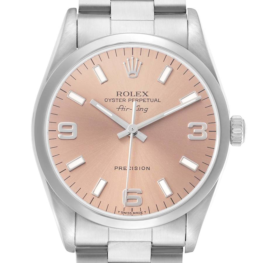 The Rolex Air-King 14000 Men's Stainless Steel Pink Dial watch is shown from the front, highlighting its dial, case, and bracelet.