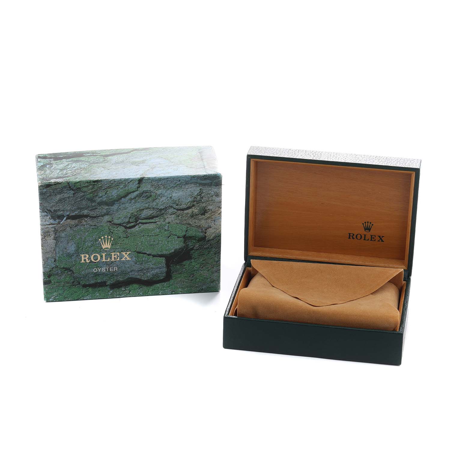 The image shows a Rolex Air-King 14000 Men's Stainless Steel Pink Dial box and open case with a brown protective cover inside.