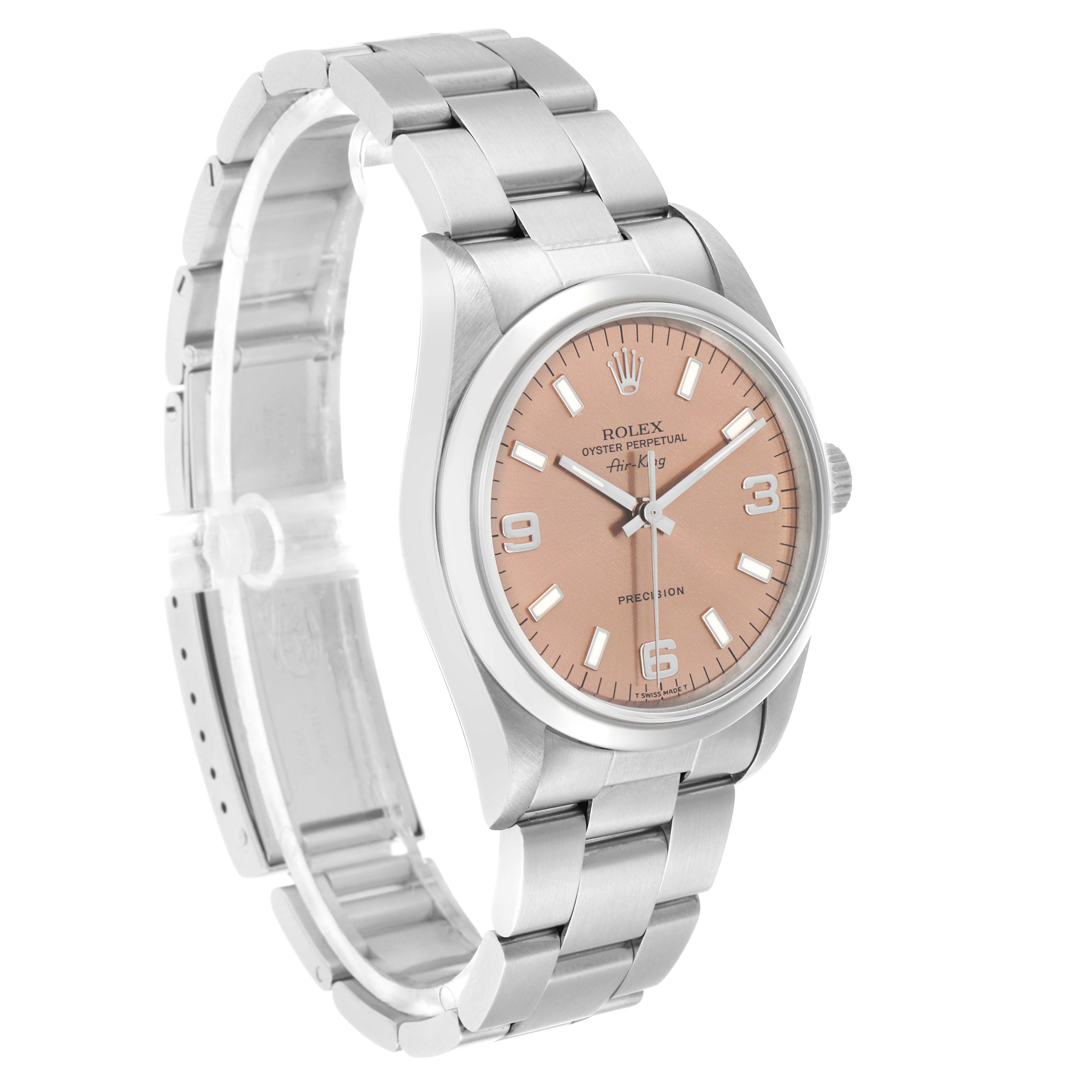 The Rolex Air-King 14000 Men's Stainless Steel Pink Dial watch is shown at a slight side angle, highlighting the face, bezel, and bracelet.