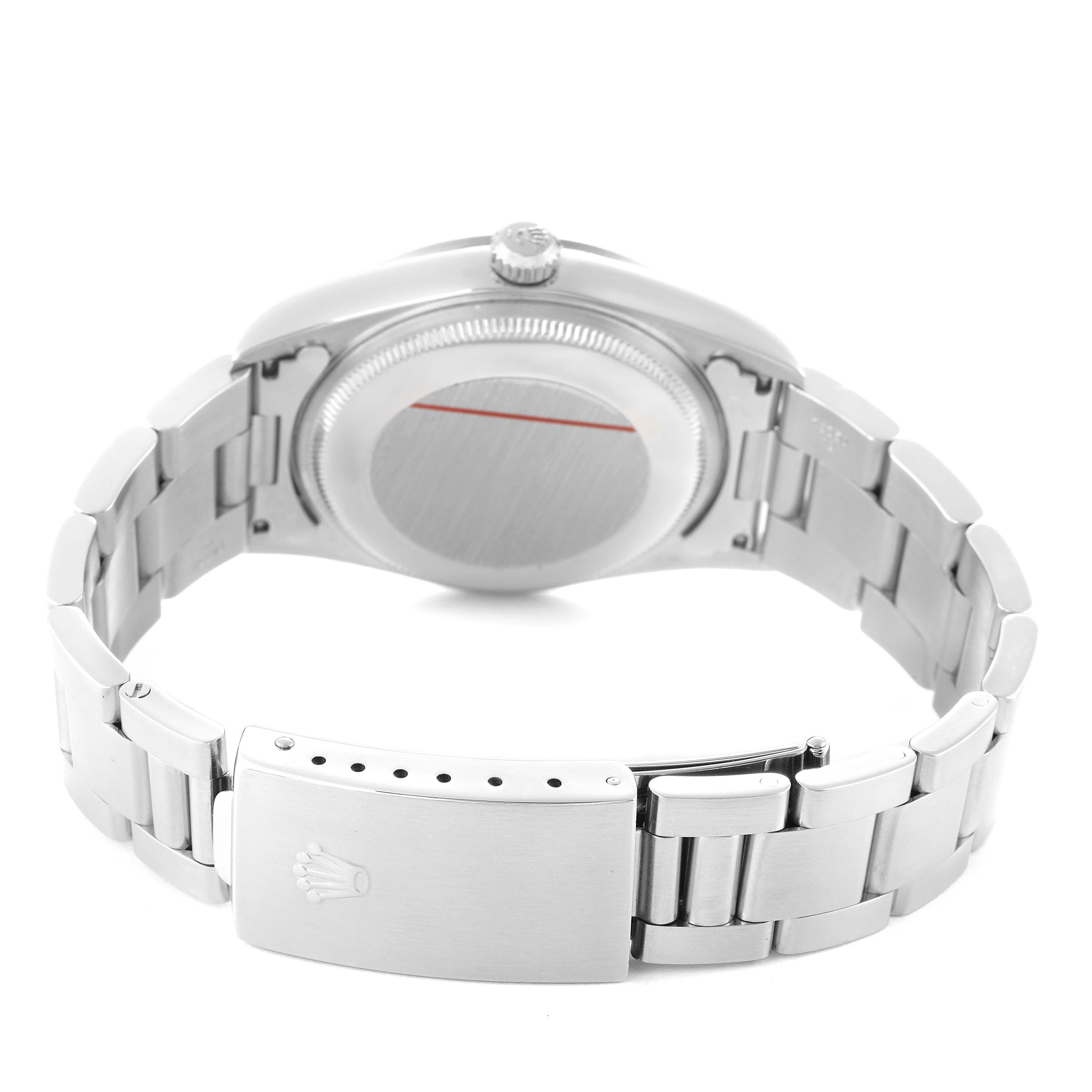 The image shows the back and bracelet of the Rolex Air-King 14000 Men's Stainless Steel Pink Dial watch from a rear angle, highlighting the clasp and case back.