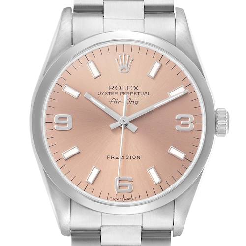 The Rolex Air-King 14000 Men's Stainless Steel Pink Dial watch is shown from a front angle, displaying its dial, hour markers, hands, crown, and part of the bracelet.