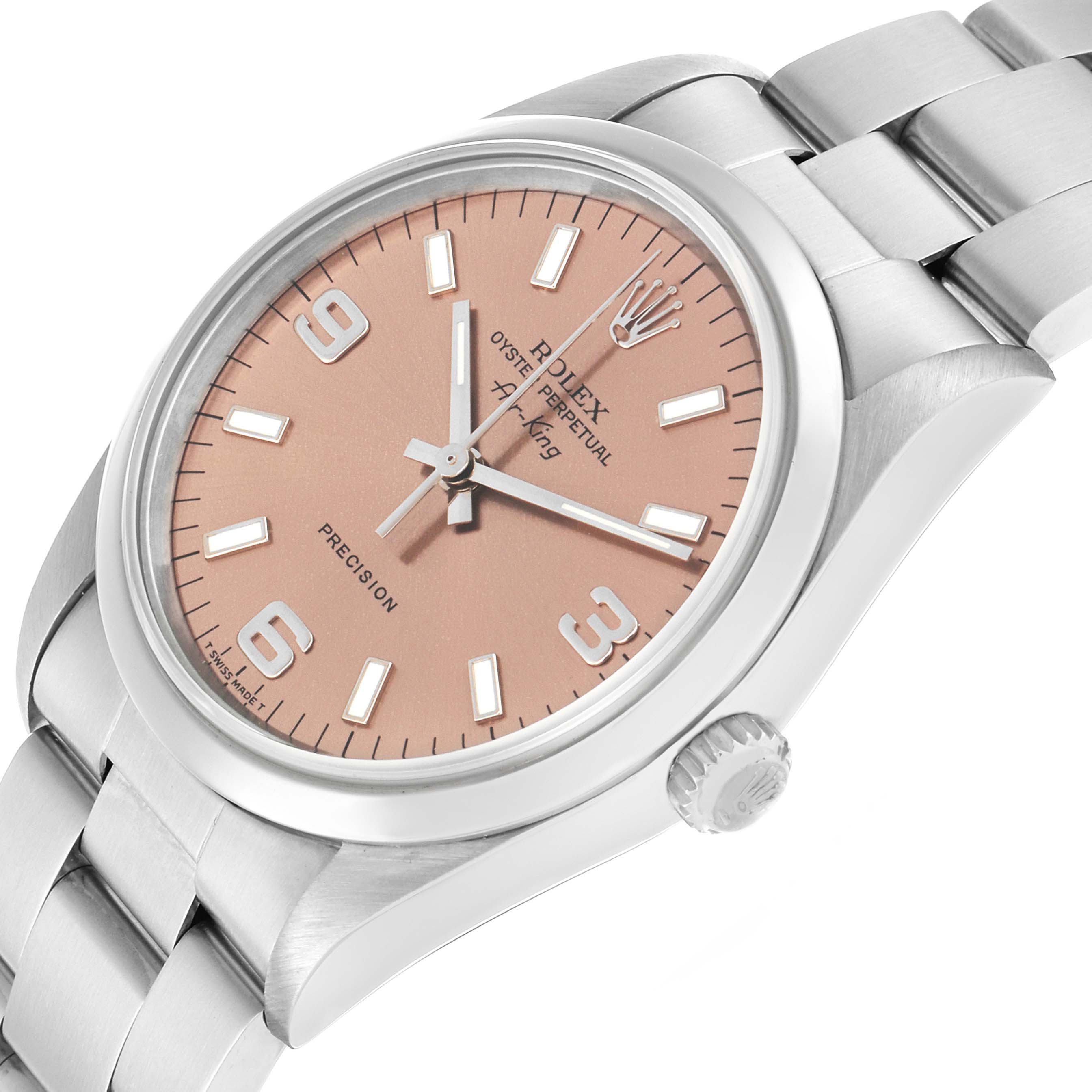 The Rolex Air-King 14000 Men's Stainless Steel Pink Dial watch is shown at a slight angle, displaying the dial, bezel, crown, and bracelet.