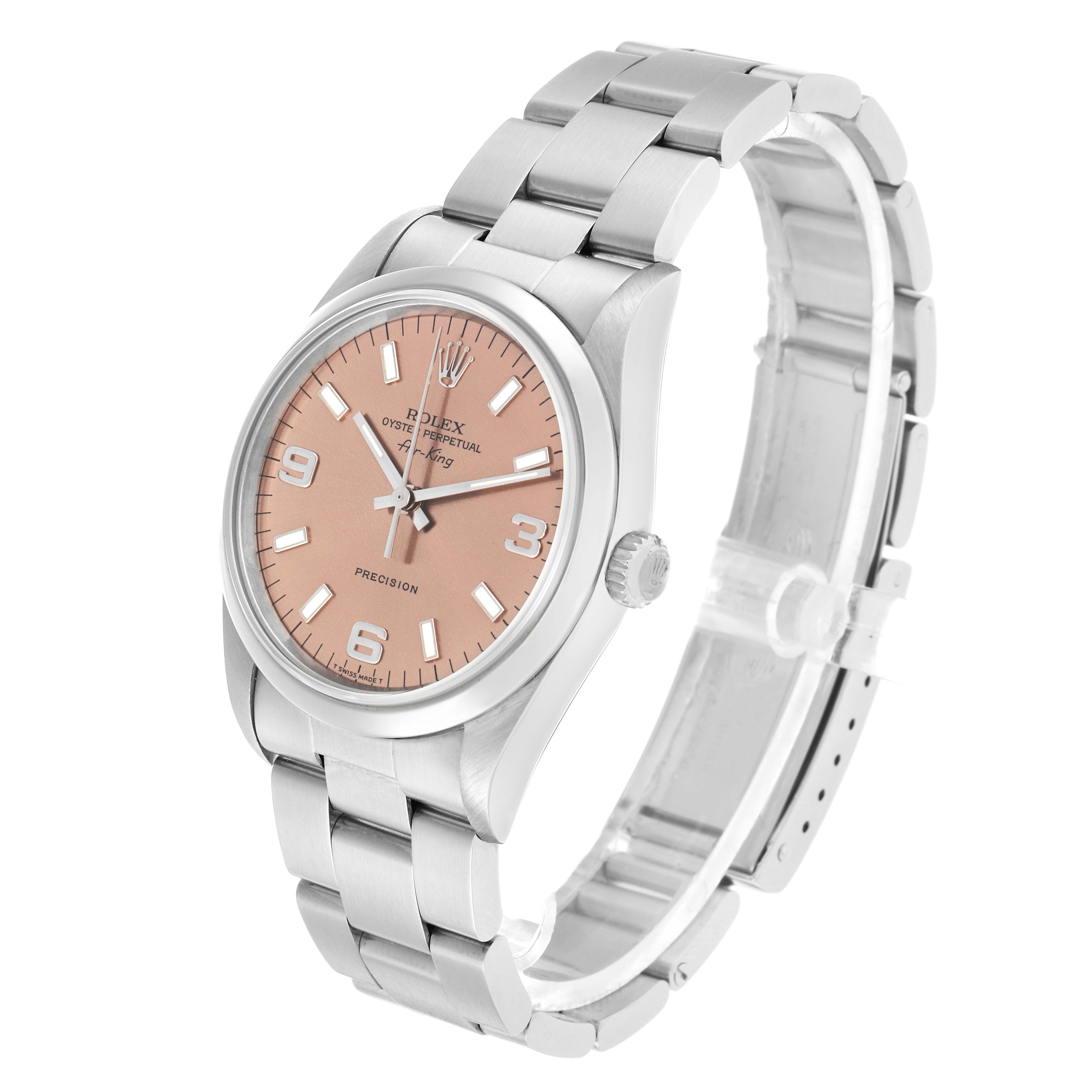 The Rolex Air-King 14000 Men's Stainless Steel Pink Dial watch is shown at a three-quarter angle, displaying the dial, bracelet, and crown.