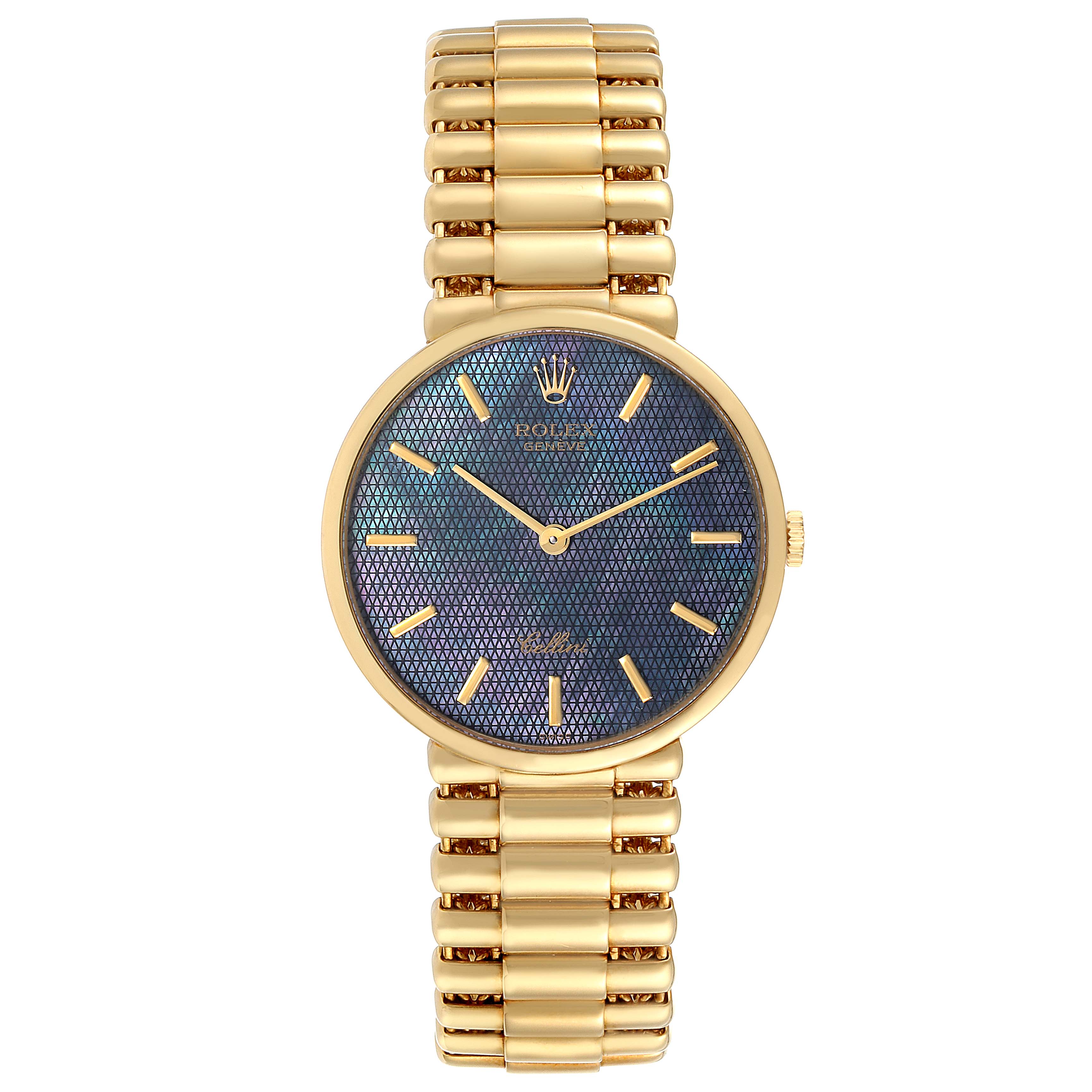 This image shows a frontal view of a Rolex Cellini 5162 Men
s Yellow Gold Mother of Pearl Dial 5162 Men
s Yellow Gold Mother of Pearl Dial watch with a gold band and a textured blue dial.